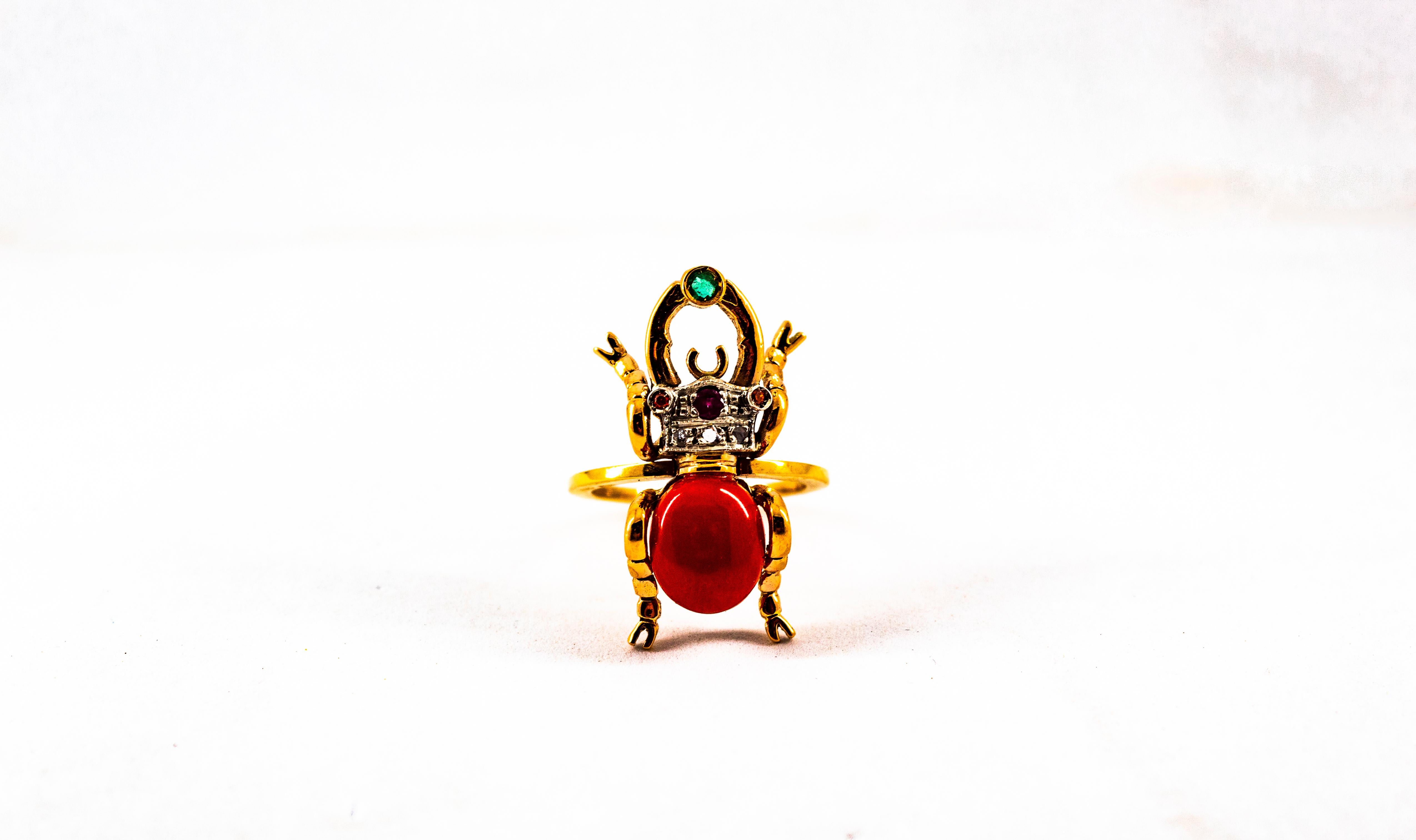 Anillo de Cóctel de Oro Amarillo Estilo Art Nouveau Diamante Blanco Esmeralda Rubí Coral Rojo en venta 4