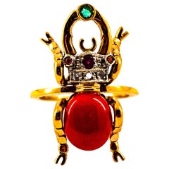Vintage Art Nouveau Style White Diamond Emerald Ruby Red Coral Yellow Gold Cocktail Ring