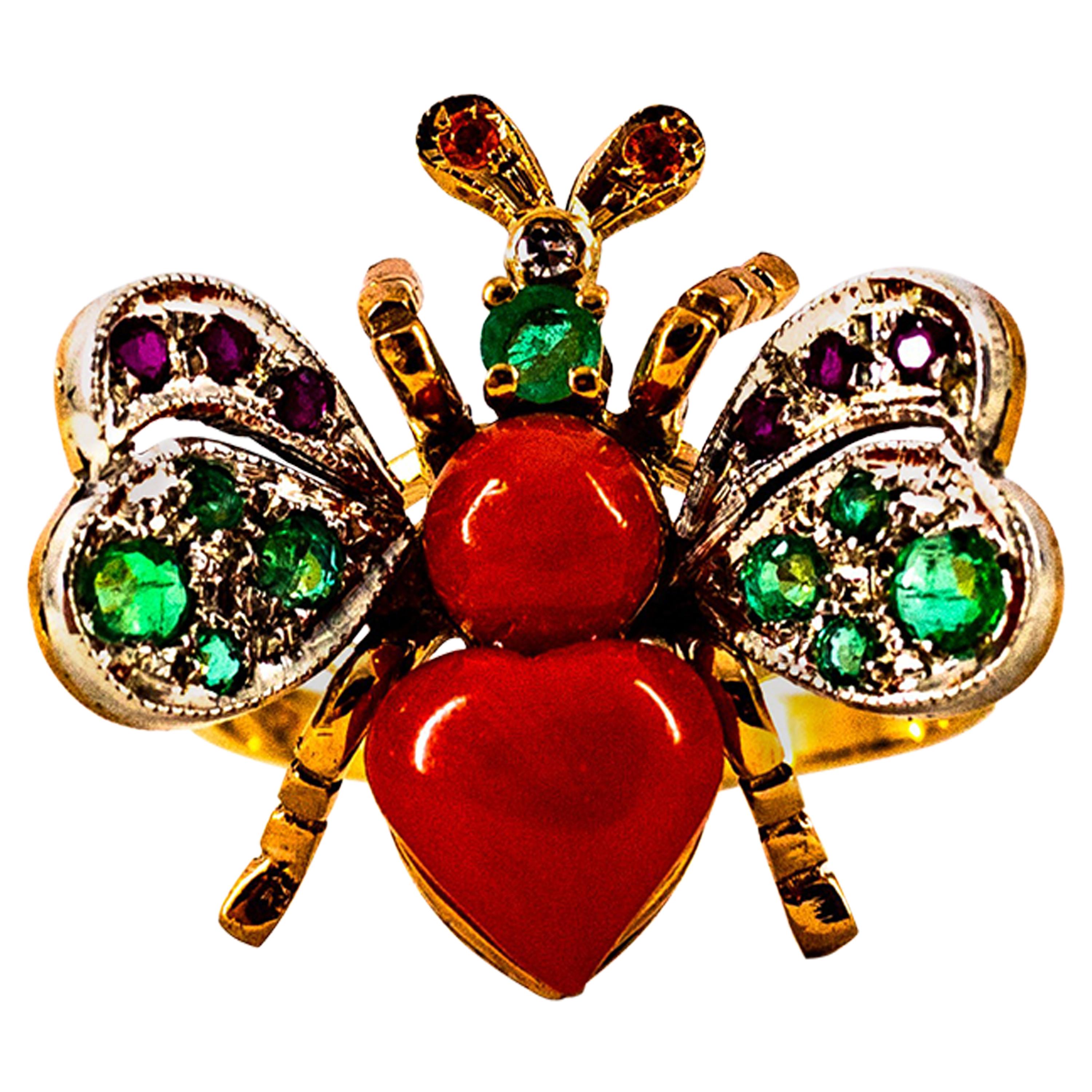 Anillo de Cóctel de Oro Amarillo Estilo Art Nouveau Diamante Blanco Esmeralda Rubí Coral Rojo