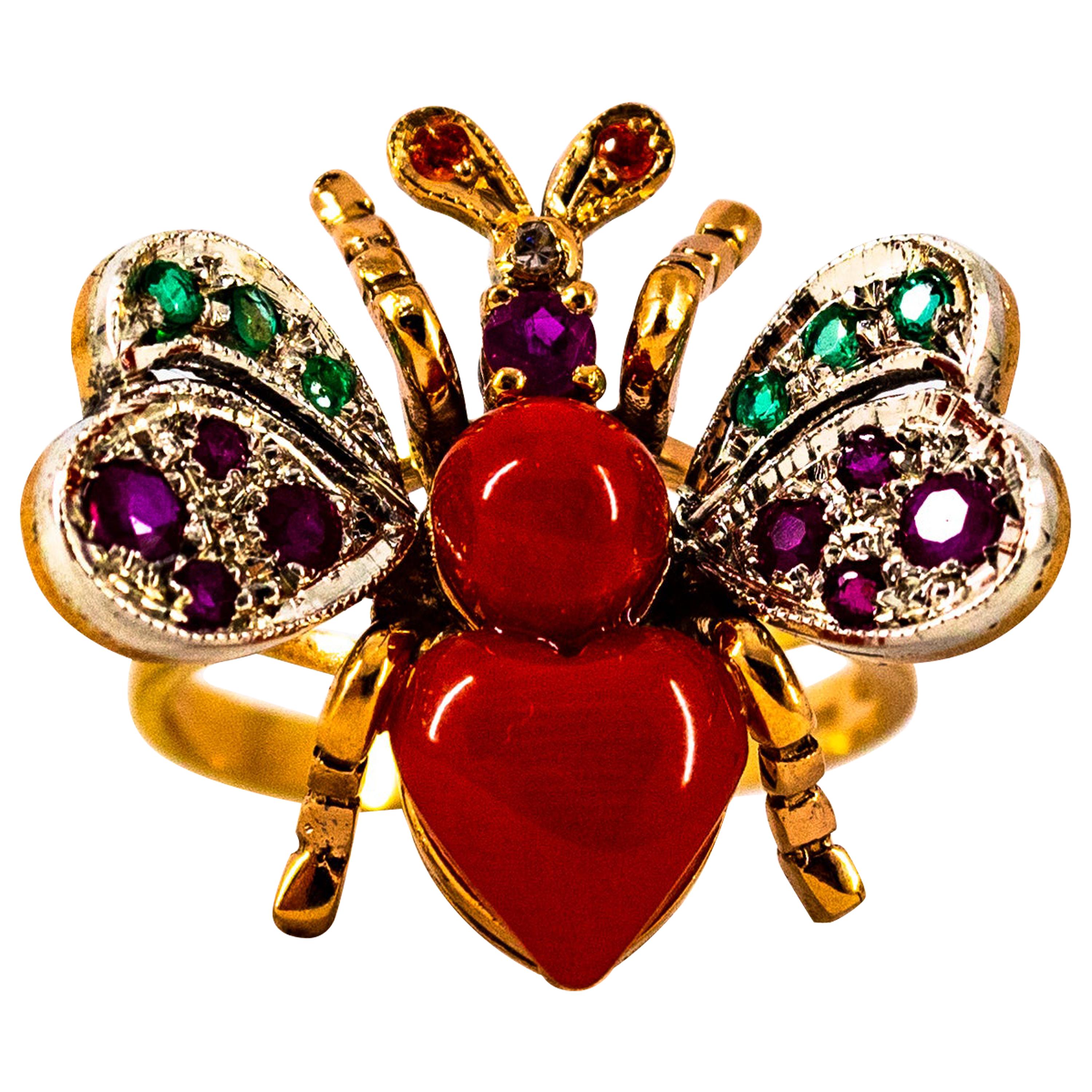 Art Nouveau Style White Diamond Emerald Ruby Red Coral Yellow Gold Cocktail Ring For Sale