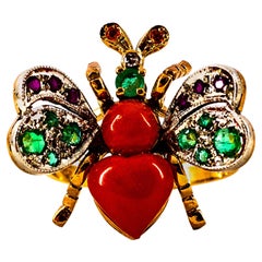 Vintage Art Nouveau Style White Diamond Emerald Ruby Red Coral Yellow Gold Cocktail Ring