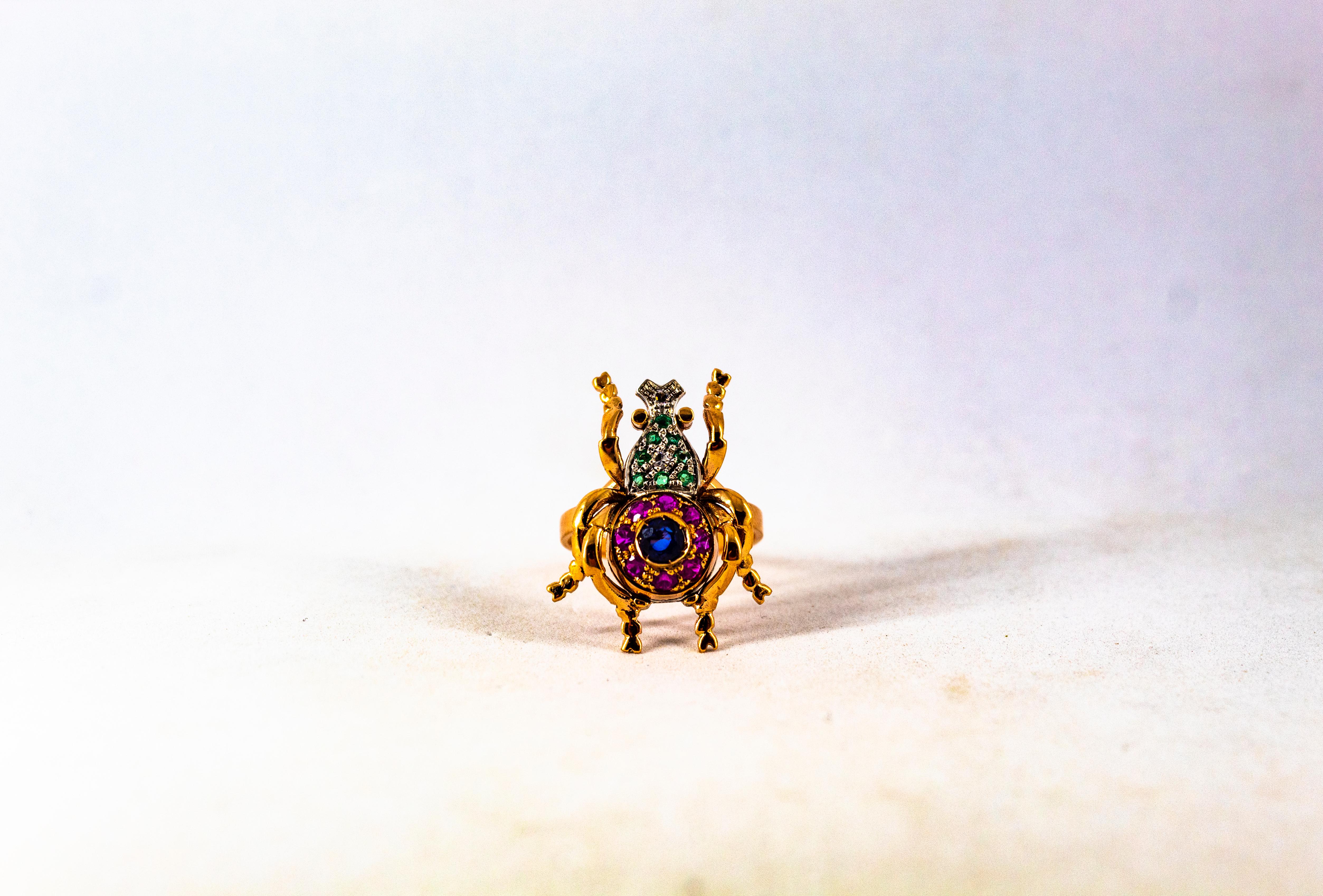 Art Nouveau Style White Diamond Emerald Ruby Sapphire Yellow Gold Cocktail Ring For Sale 5