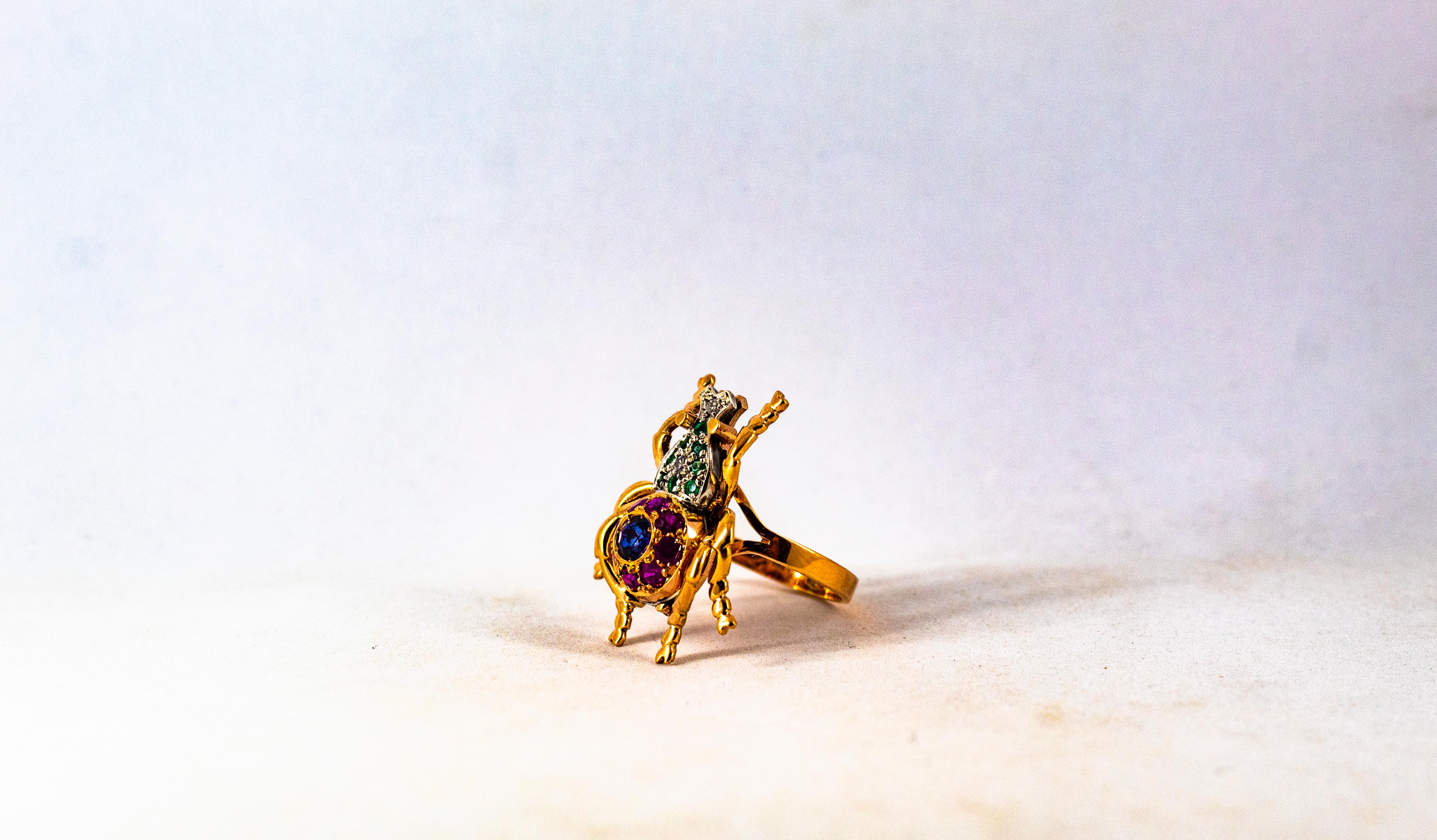 Art Nouveau Style White Diamond Emerald Ruby Sapphire Yellow Gold Cocktail Ring For Sale 6