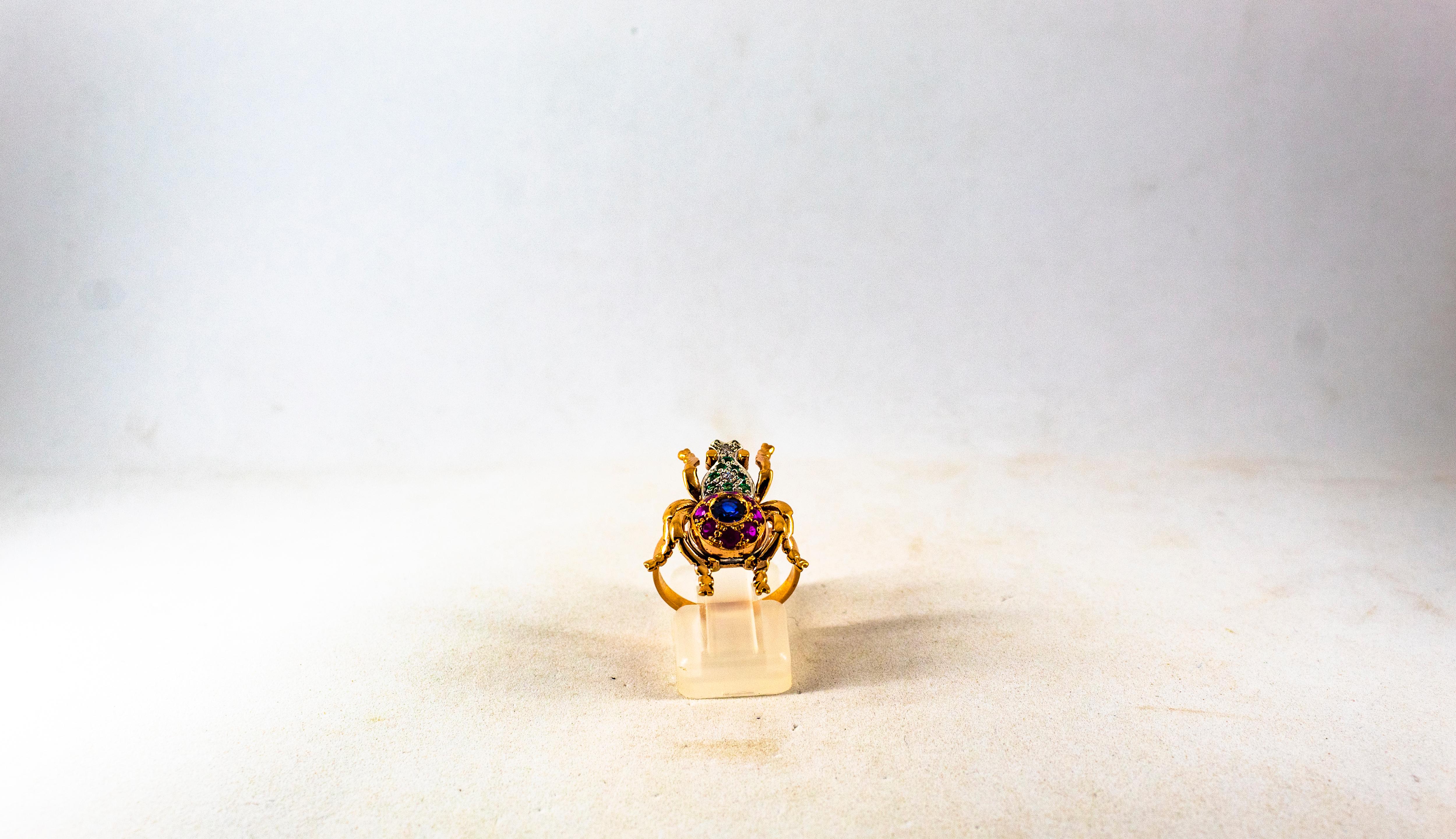 Brilliant Cut Art Nouveau Style White Diamond Emerald Ruby Sapphire Yellow Gold Cocktail Ring
