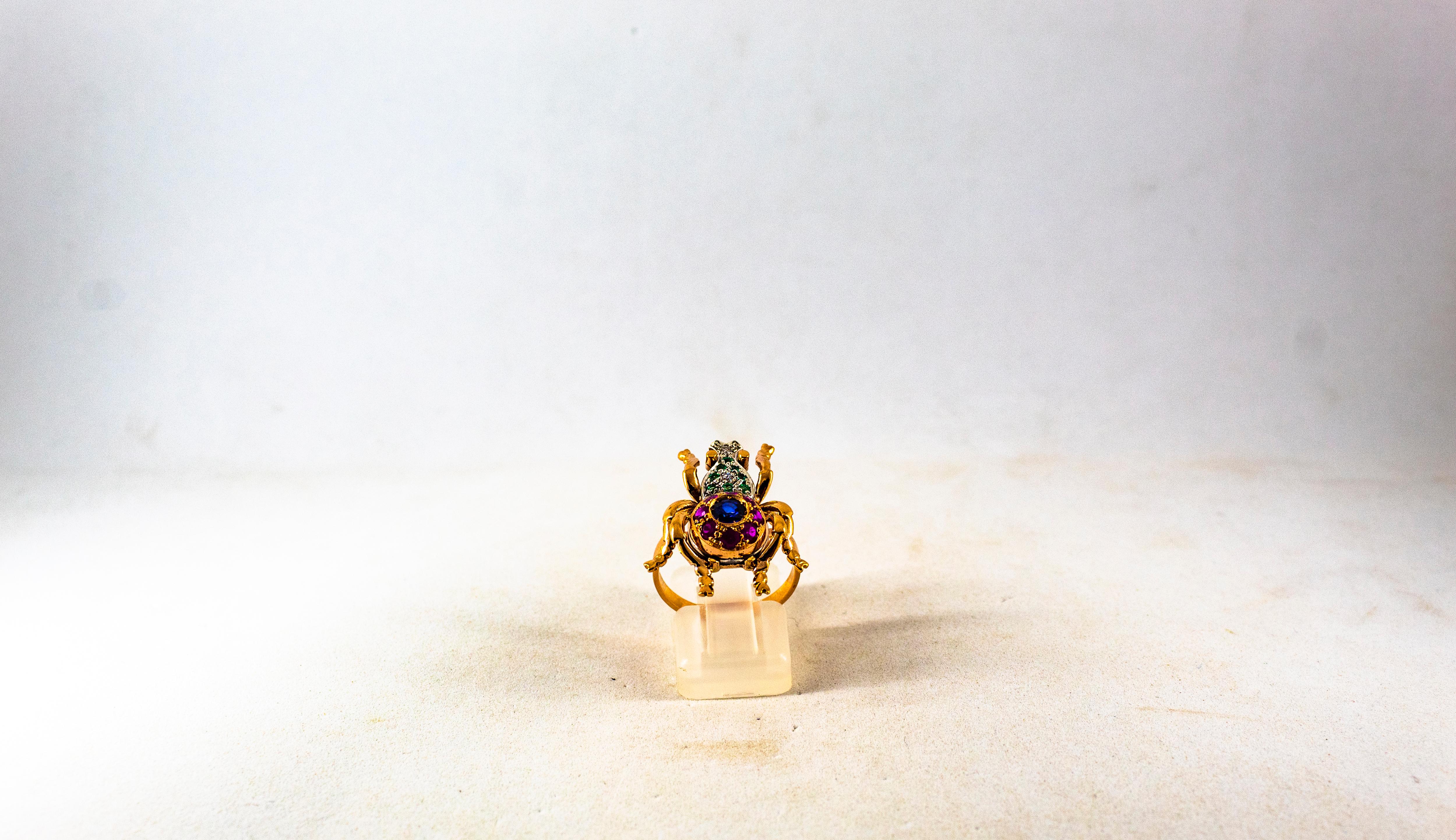 Anillo de Cóctel de Oro Amarillo Estilo Art Nouveau Diamante Blanco Esmeralda Rubí Zafiro Corte brillante