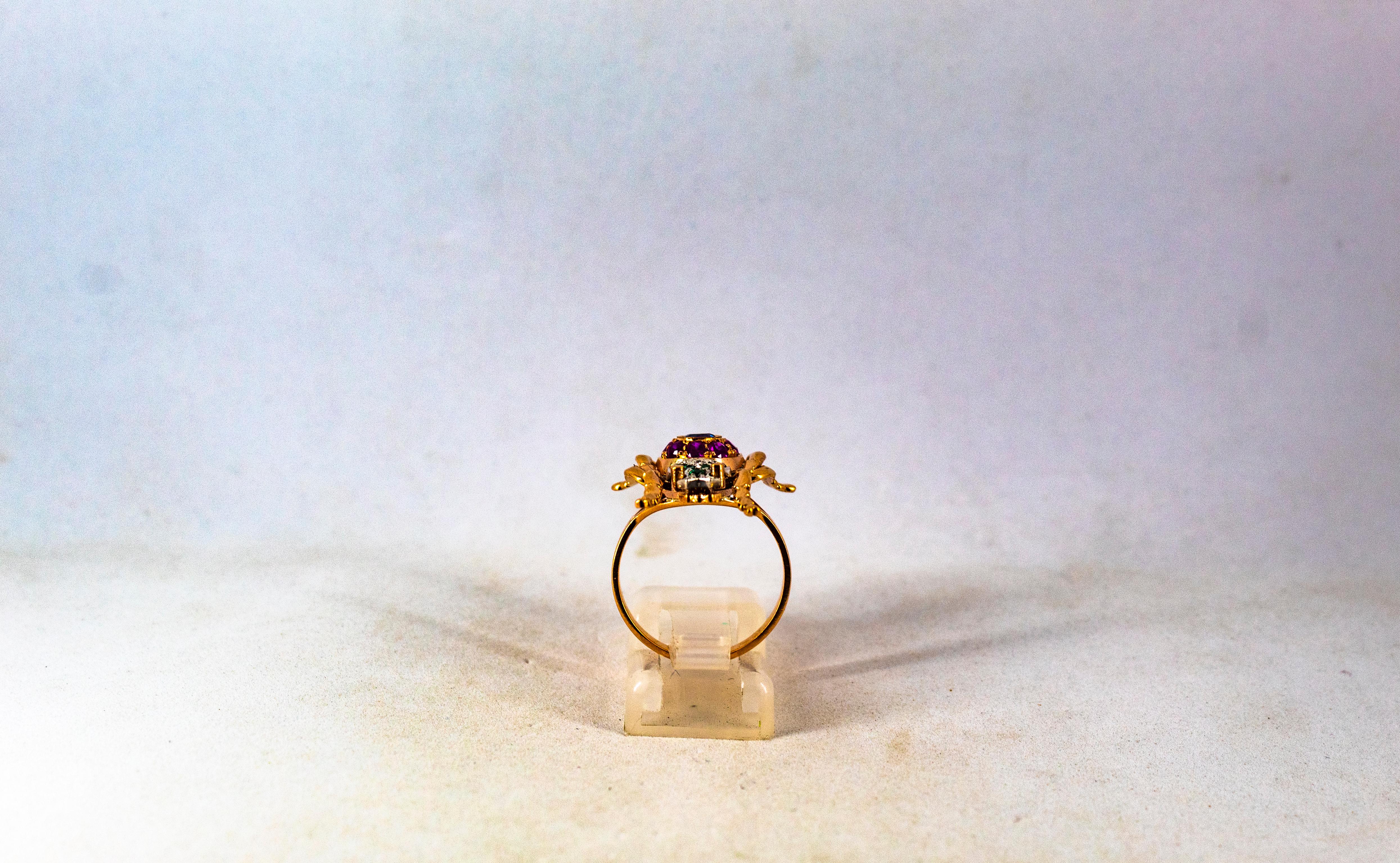 Art Nouveau Style White Diamond Emerald Ruby Sapphire Yellow Gold Cocktail Ring For Sale 2