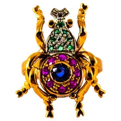 Vintage Art Nouveau Style White Diamond Emerald Ruby Sapphire Yellow Gold Cocktail Ring