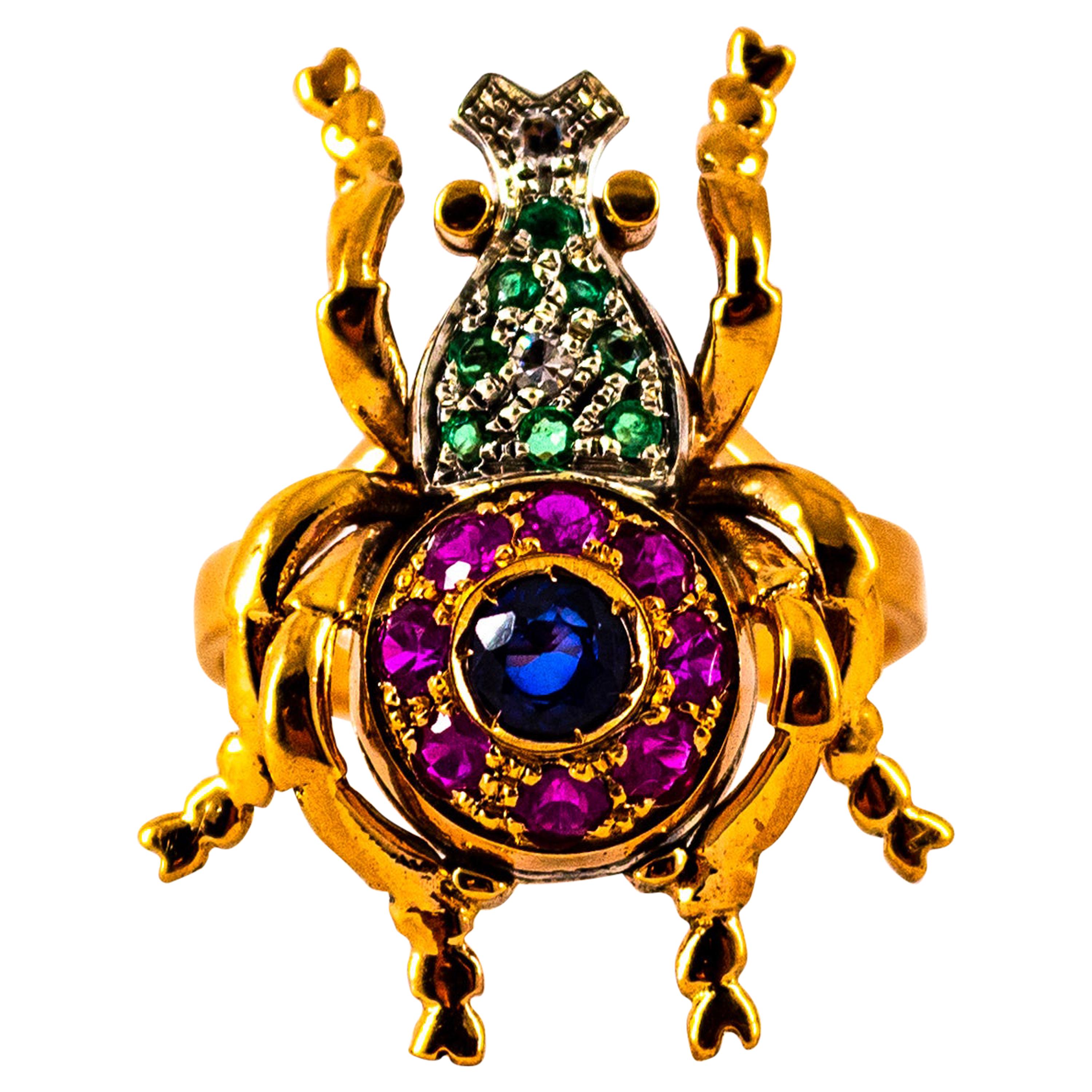 Art Nouveau Style White Diamond Emerald Ruby Sapphire Yellow Gold Cocktail Ring For Sale