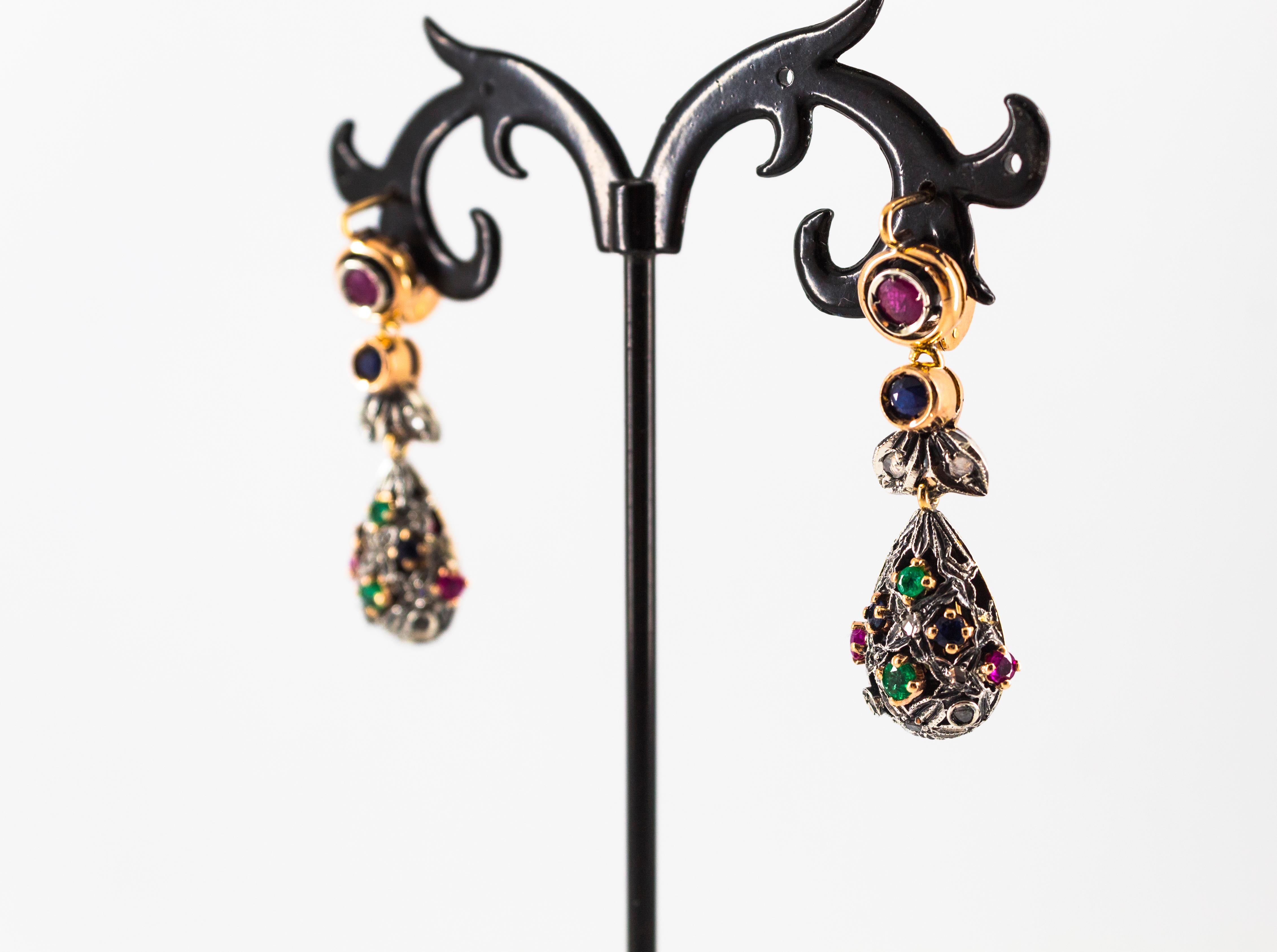 Art Nouveau Style White Diamond Emerald Ruby Sapphire Yellow Gold Drop Earrings 5