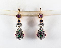 Art Nouveau Style White Diamond Emerald Ruby Sapphire Yellow Gold Drop Earrings