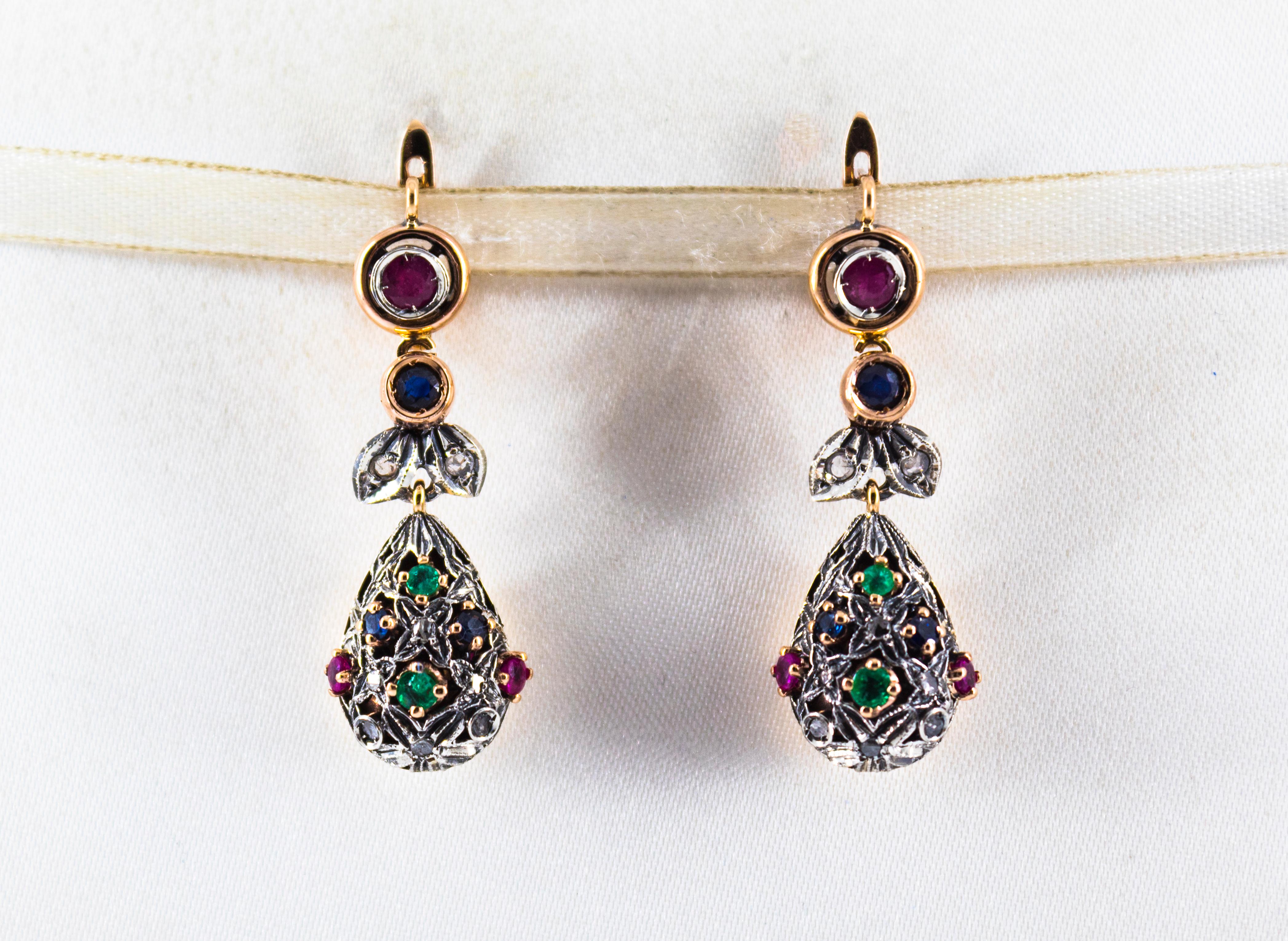 Rose Cut Art Nouveau Style White Diamond Emerald Ruby Sapphire Yellow Gold Drop Earrings For Sale