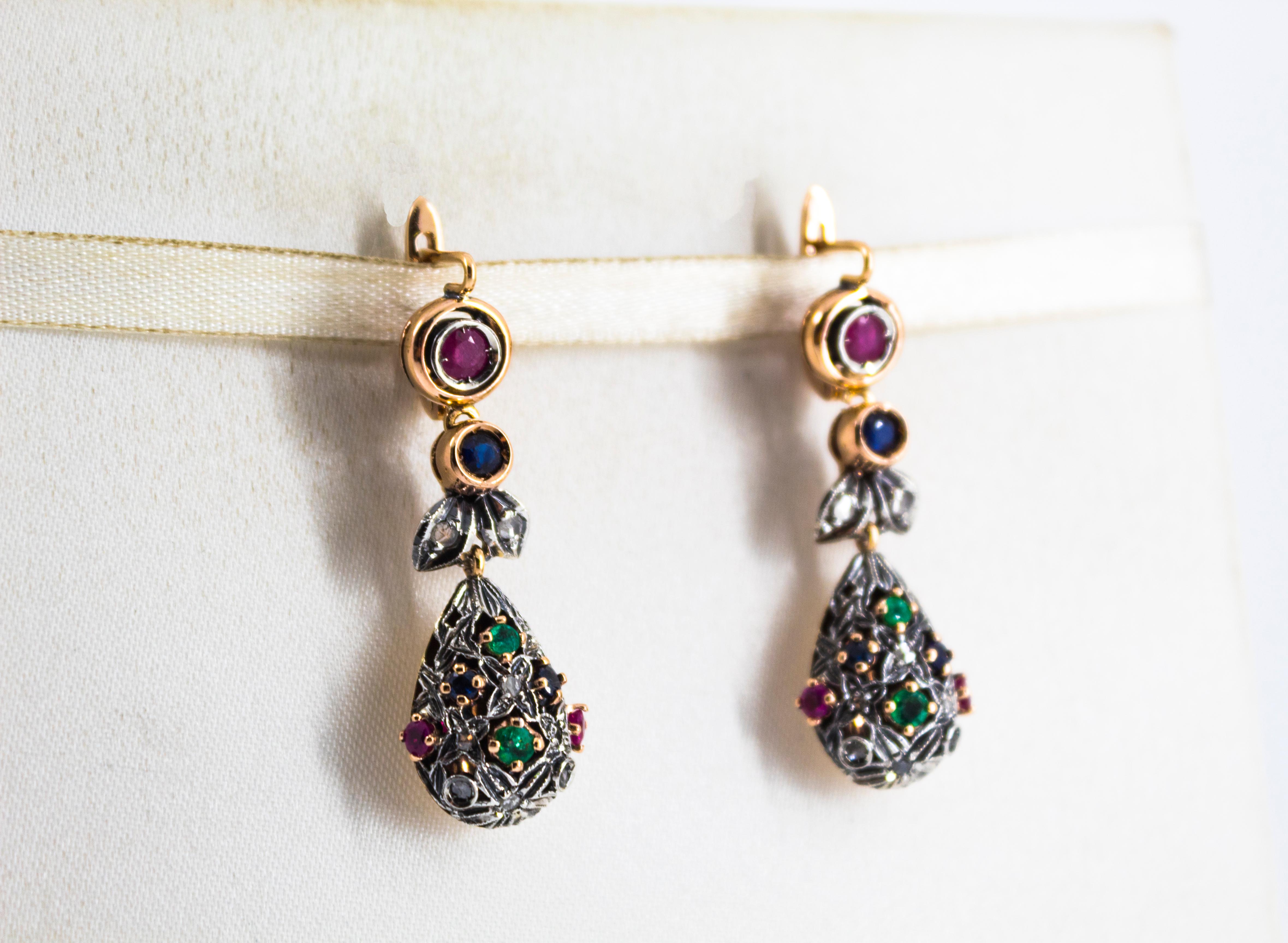 Art Nouveau Style White Diamond Emerald Ruby Sapphire Yellow Gold Drop Earrings In New Condition In Naples, IT