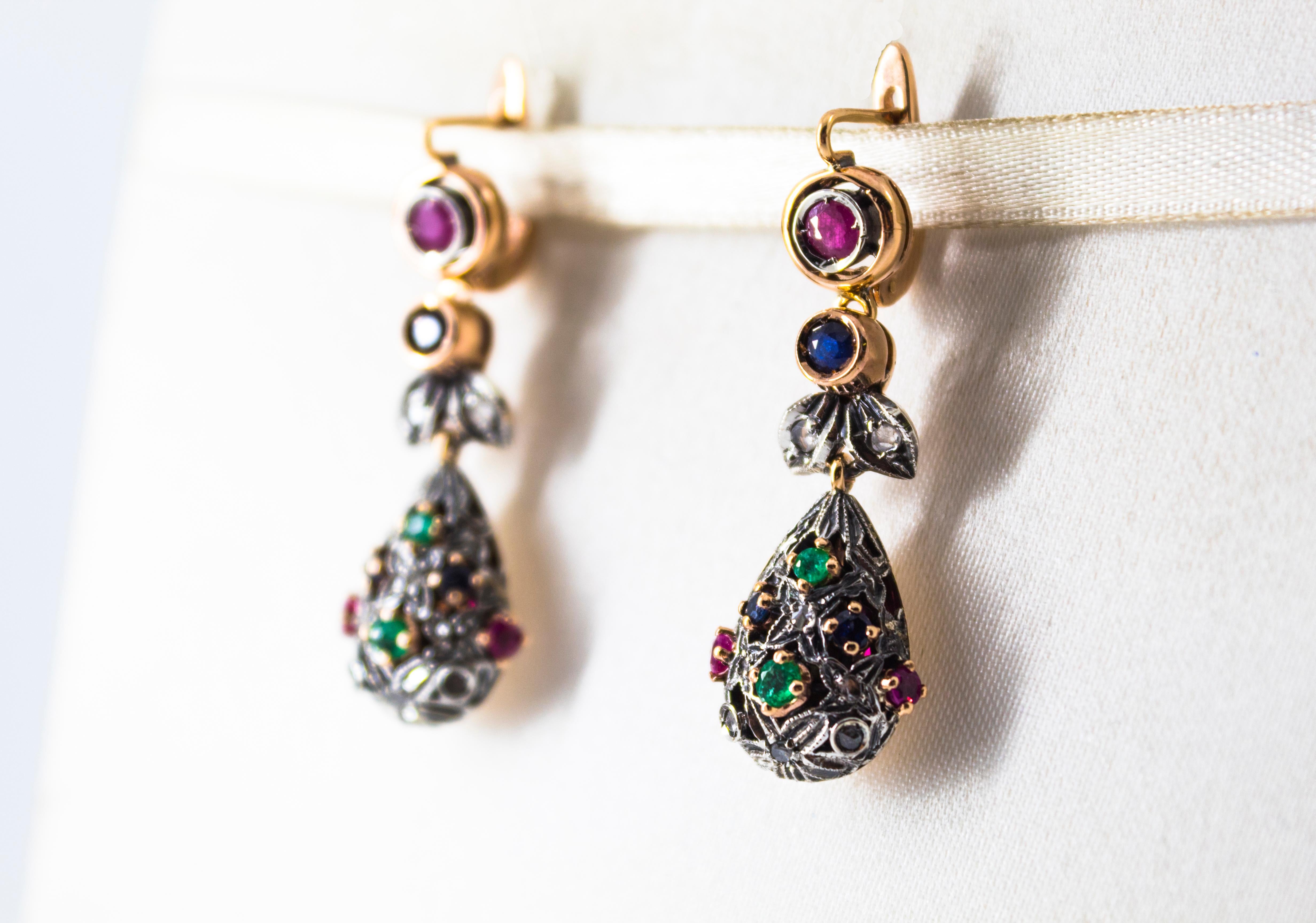 Women's or Men's Art Nouveau Style White Diamond Emerald Ruby Sapphire Yellow Gold Drop Earrings