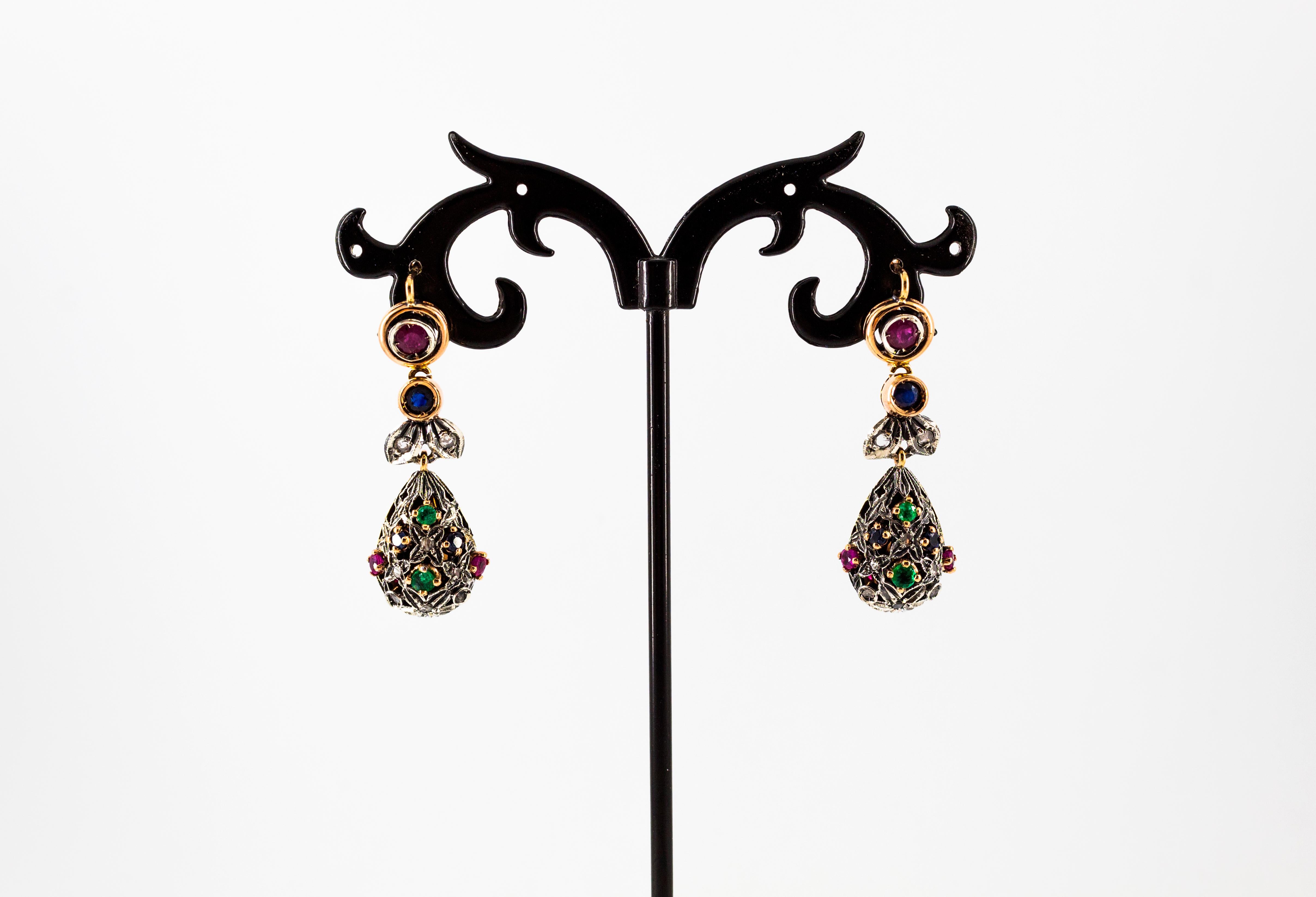 Art Nouveau Style White Diamond Emerald Ruby Sapphire Yellow Gold Drop Earrings 1