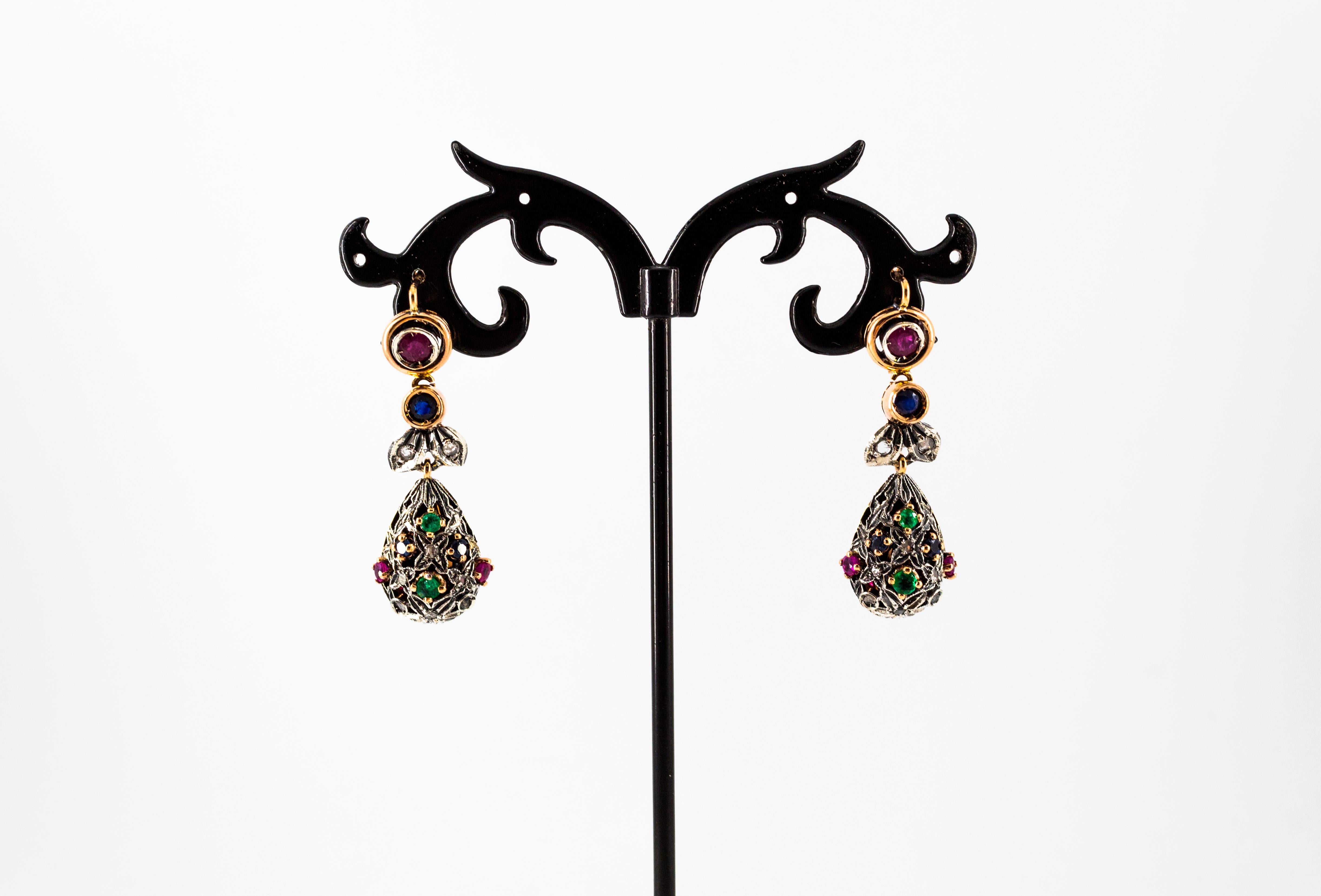 Art Nouveau Style White Diamond Emerald Ruby Sapphire Yellow Gold Drop Earrings 2
