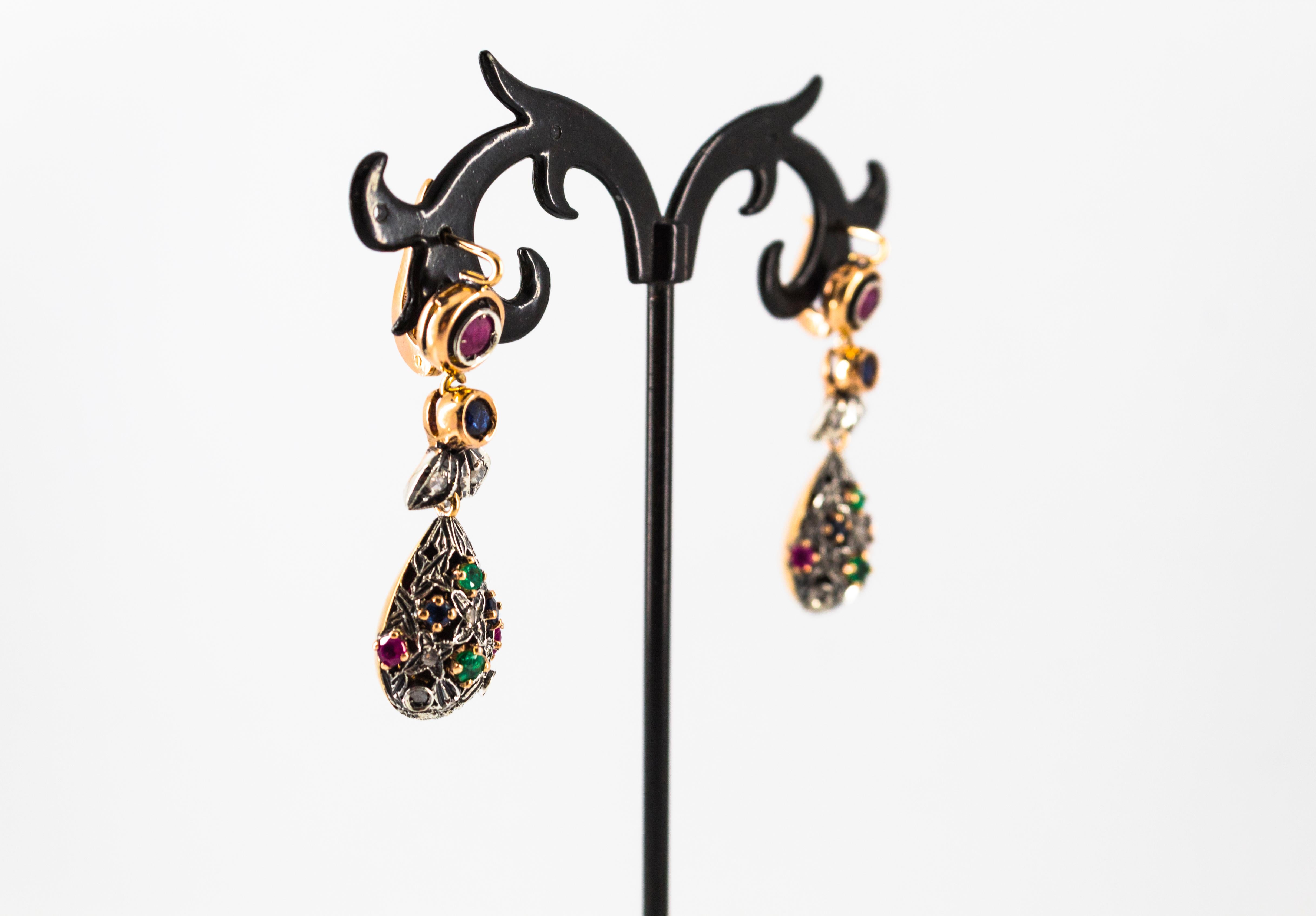 Art Nouveau Style White Diamond Emerald Ruby Sapphire Yellow Gold Drop Earrings For Sale 3