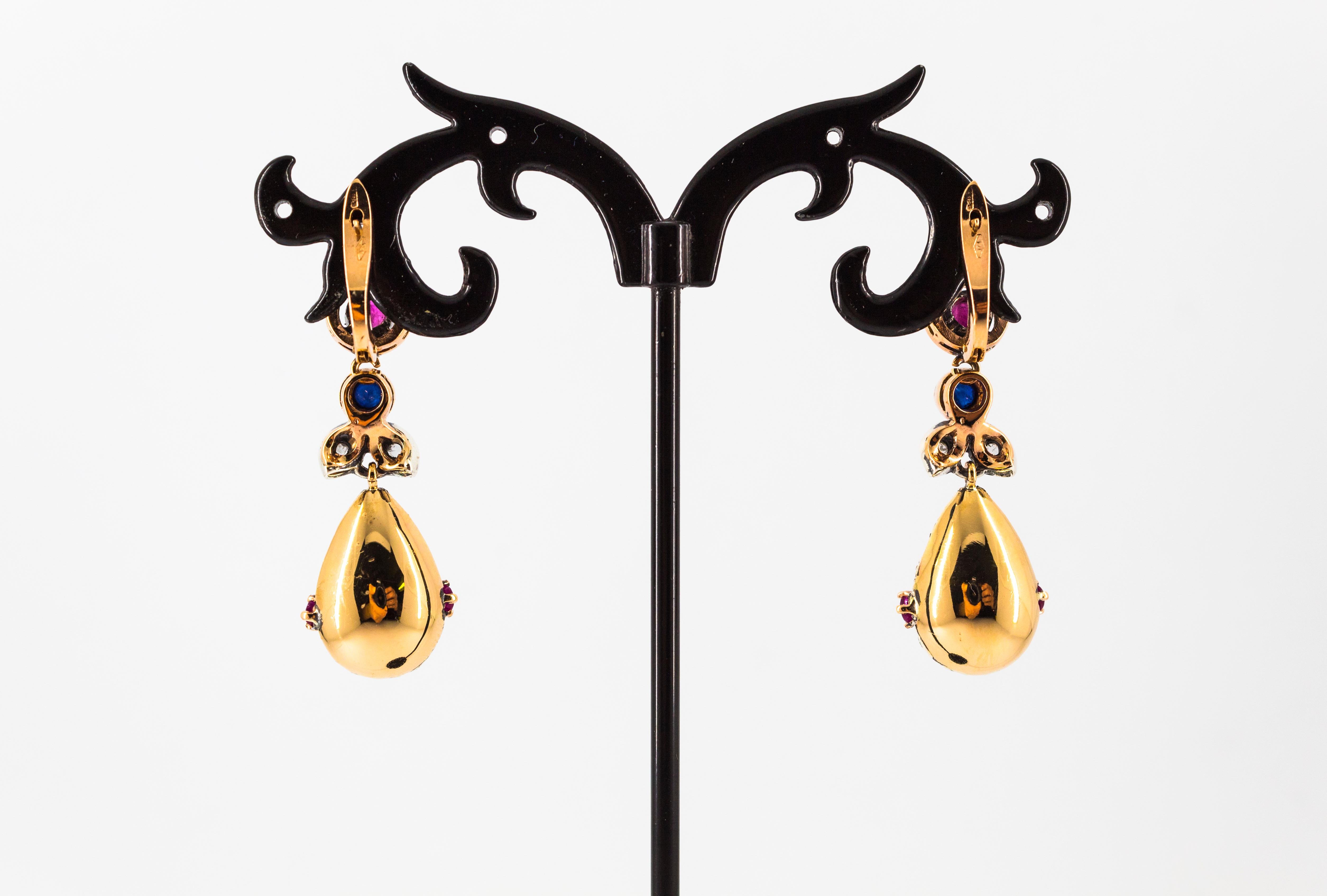 Art Nouveau Style White Diamond Emerald Ruby Sapphire Yellow Gold Drop Earrings For Sale 4