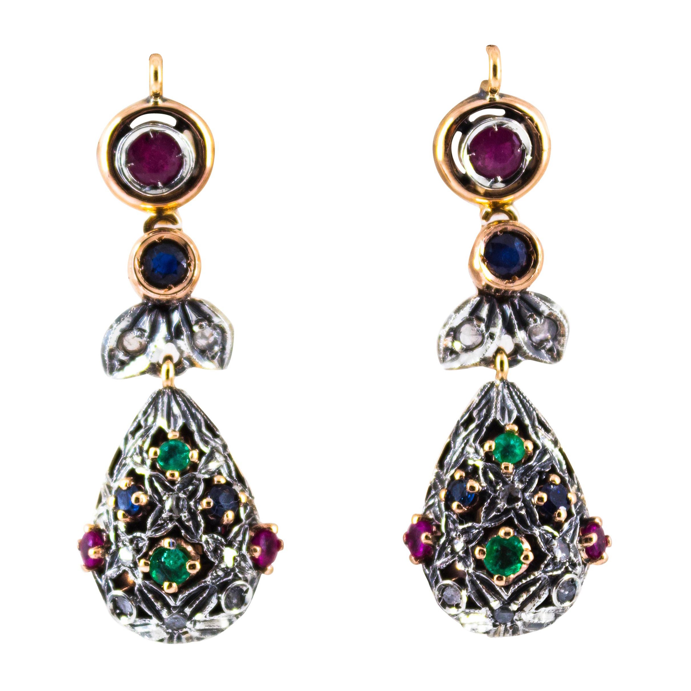 Art Nouveau Style White Diamond Emerald Ruby Sapphire Yellow Gold Drop Earrings For Sale