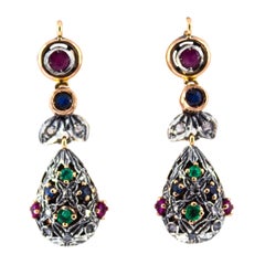 Vintage Art Nouveau Style White Diamond Emerald Ruby Sapphire Yellow Gold Drop Earrings