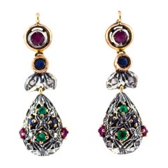 Pendientes Gota de Oro Amarillo Estilo Art Nouveau Diamante Blanco Esmeralda Rubí Zafiro