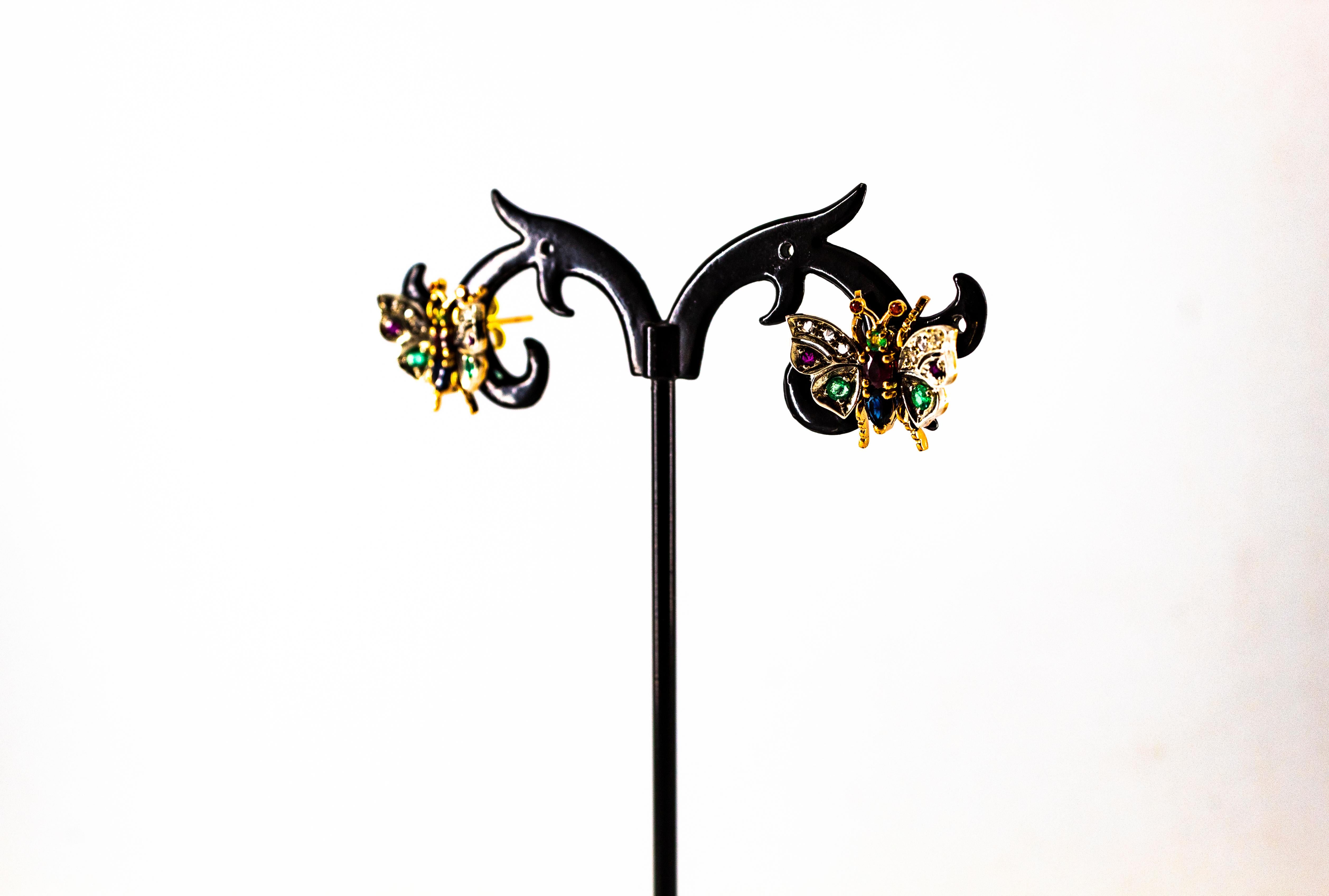 Clous d'oreilles en or jaune de style Art Nouveau avec diamant blanc, émeraude, rubis et saphir en vente 4