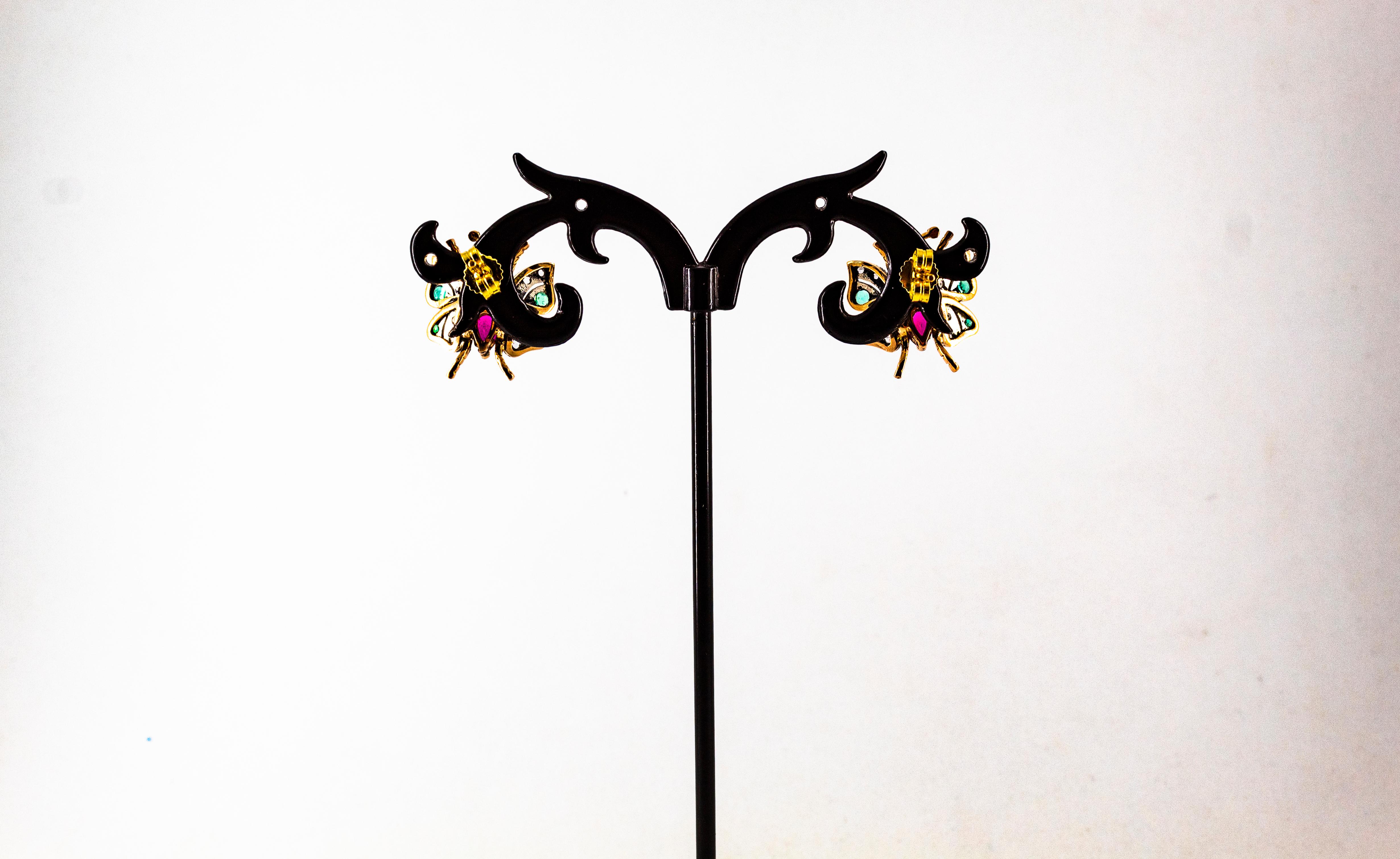 Orecchini in stile Art Nouveau con diamante bianco, smeraldo, rubino e zaffiro in oro giallo in vendita 5
