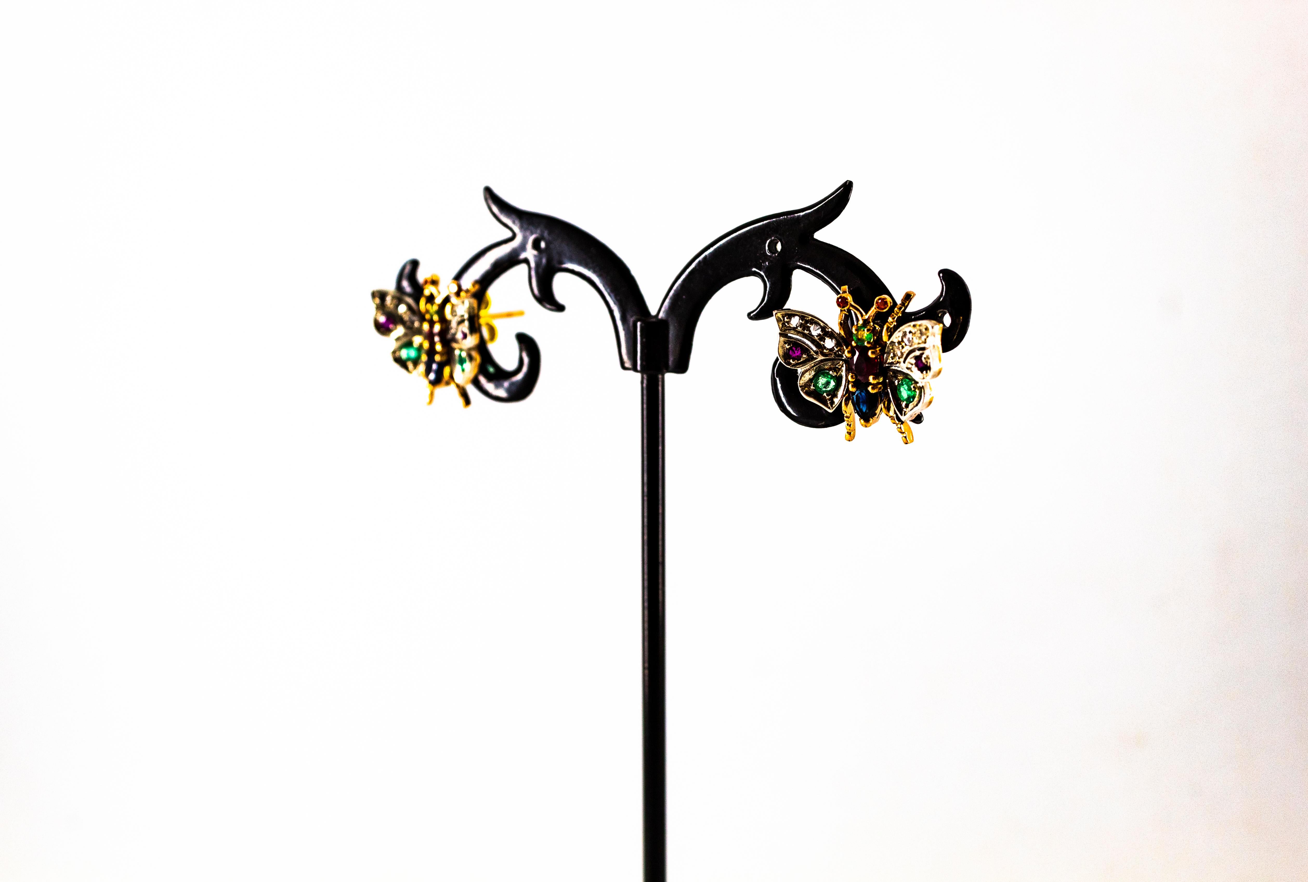 Art Nouveau Style Weißer Diamant Smaragd Rubin Saphir Gelbgold Ohrstecker im Angebot 4