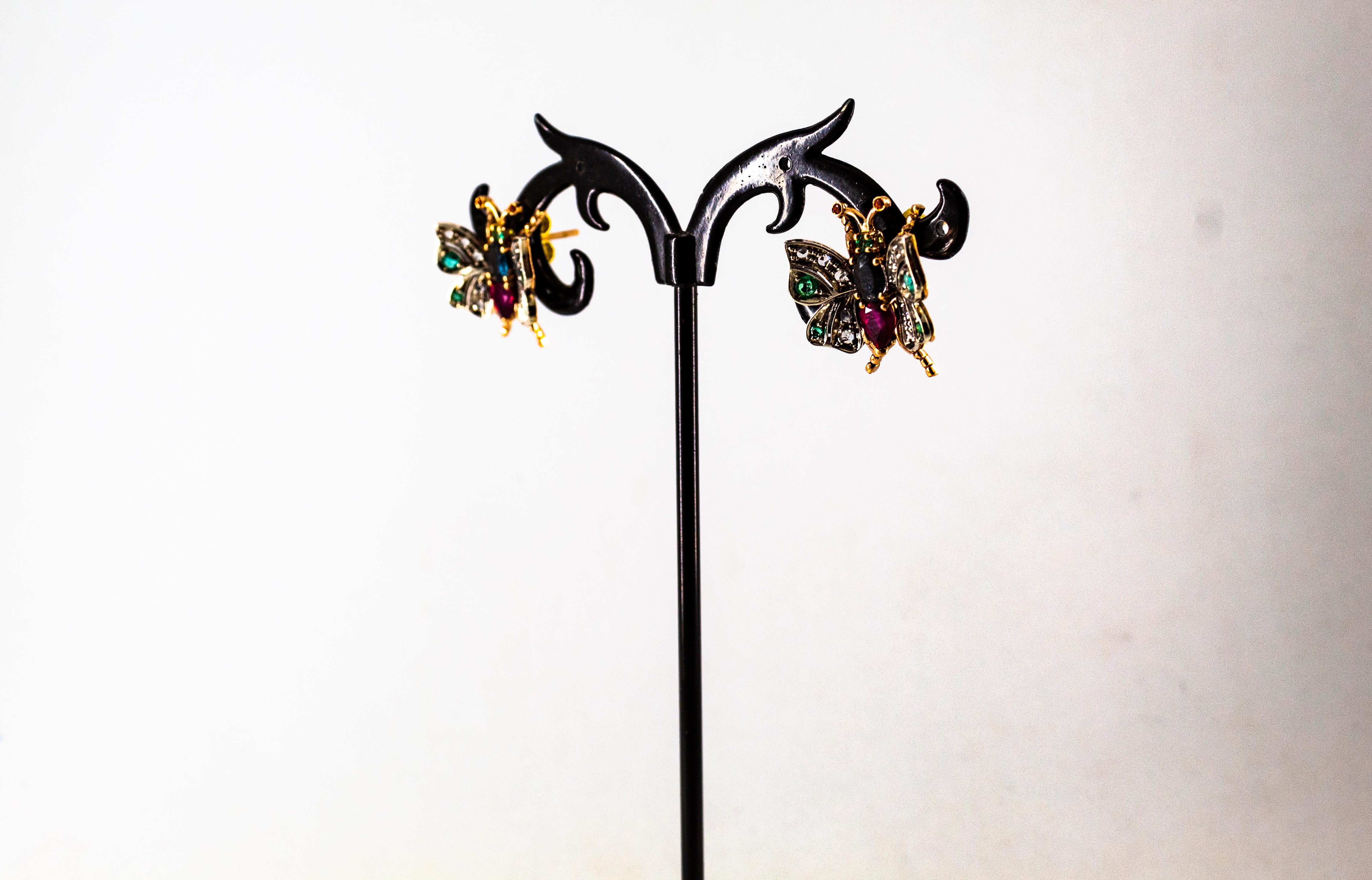 Clous d'oreilles en or jaune de style Art Nouveau avec diamant blanc, émeraude, rubis et saphir en vente 5