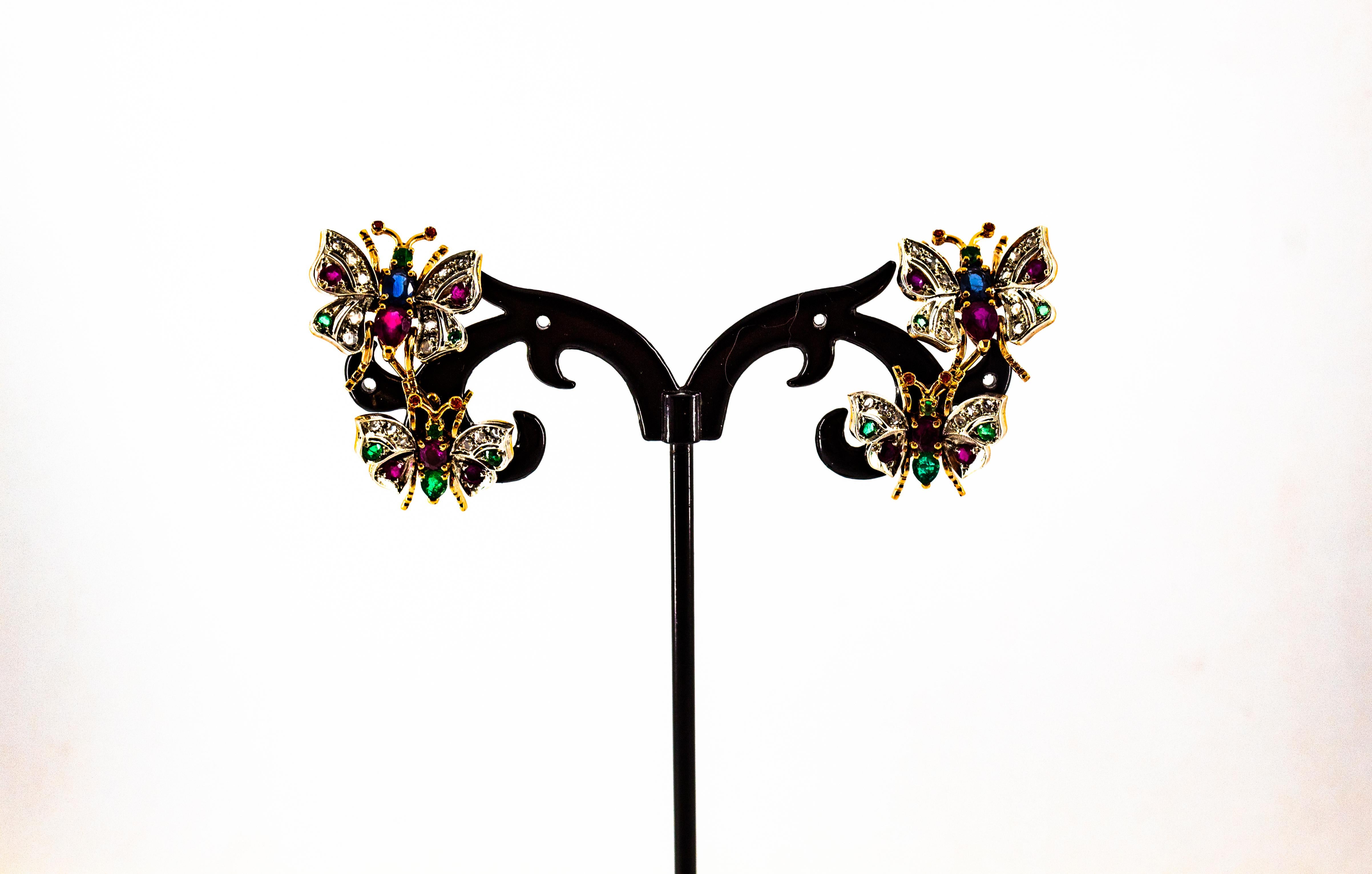 Clous d'oreilles en or jaune de style Art Nouveau avec diamant blanc, émeraude, rubis et saphir en vente 5