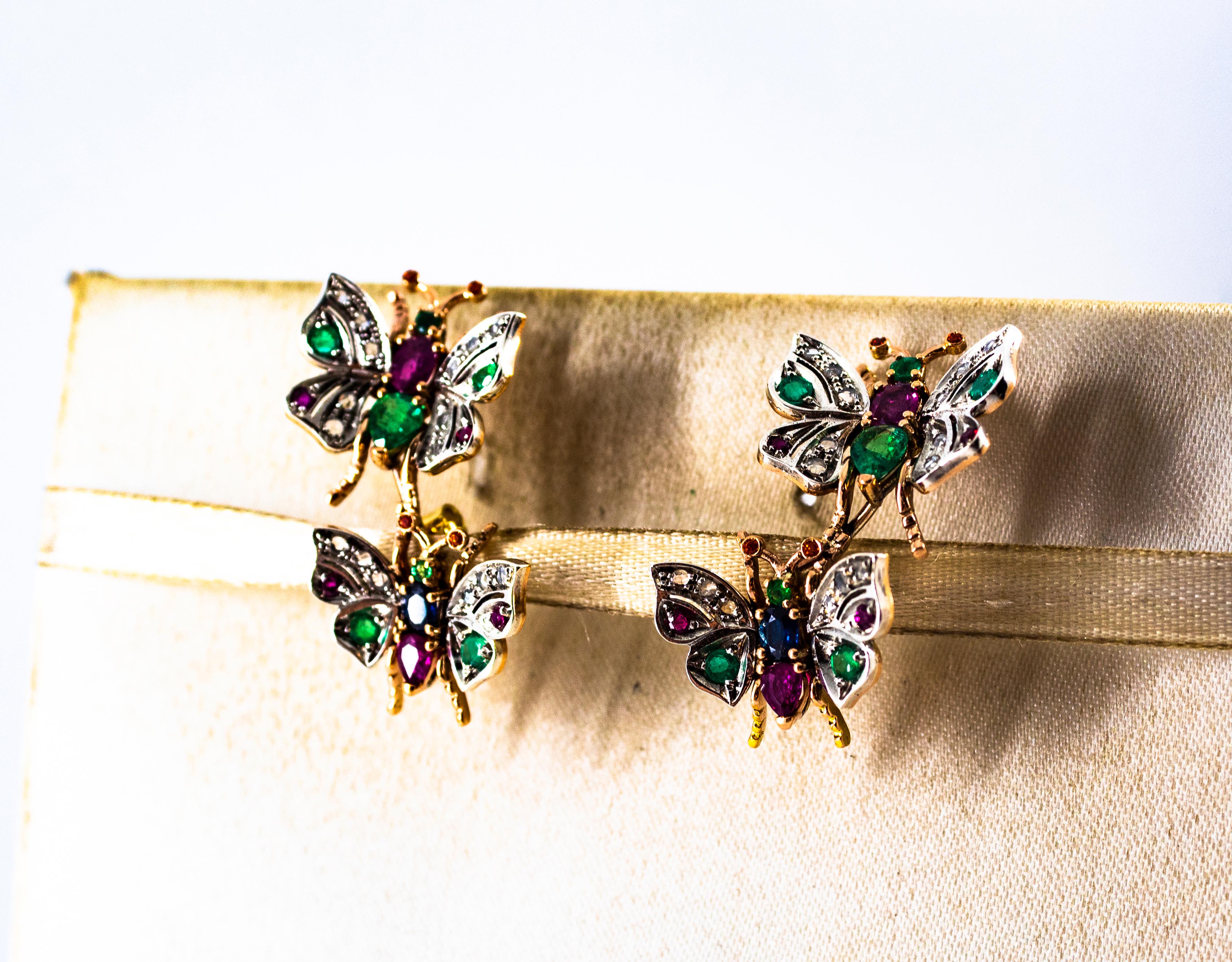 Orecchini in stile Art Nouveau con diamante bianco, smeraldo, rubino e zaffiro in oro giallo in vendita 6