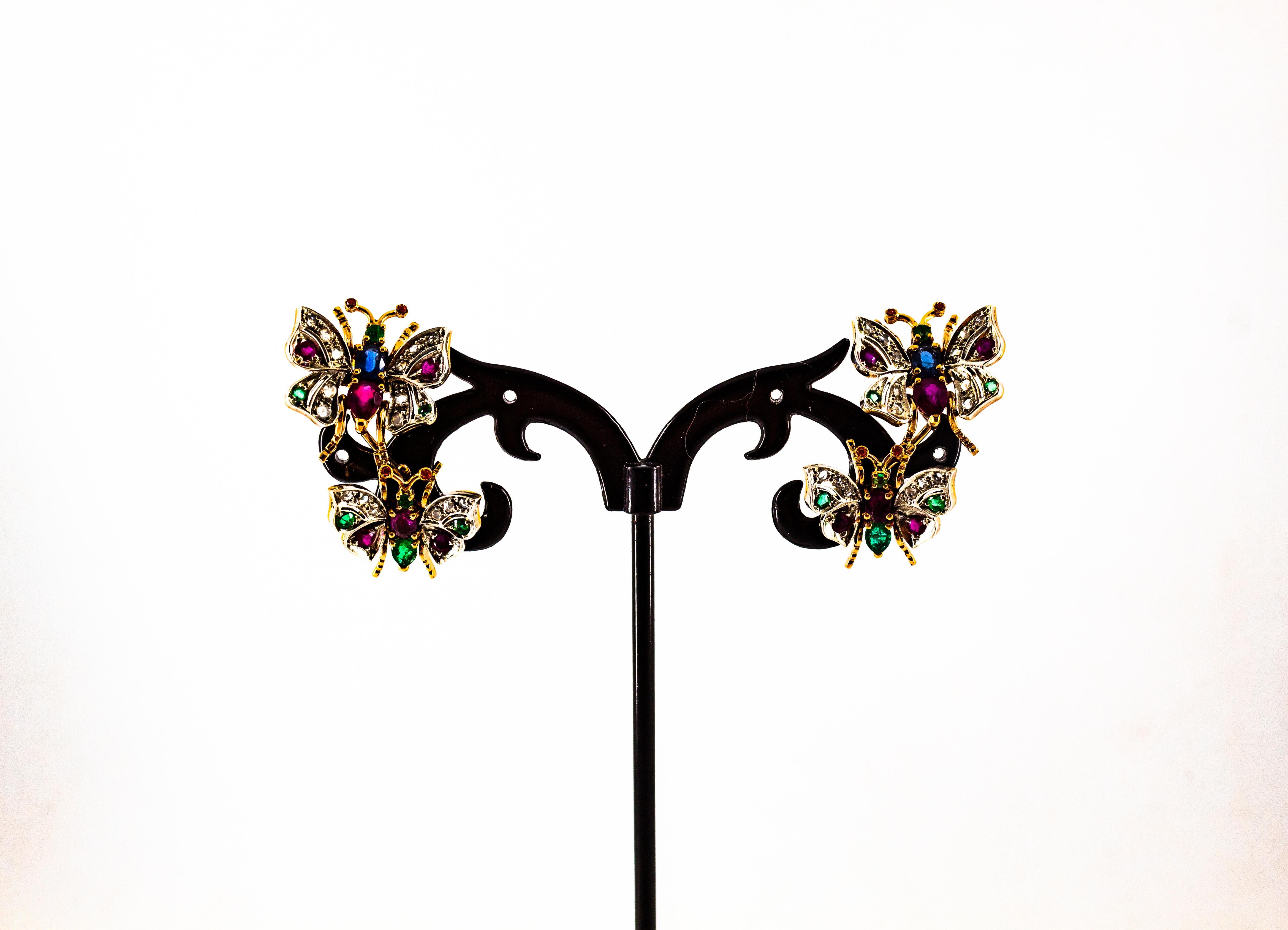 Clous d'oreilles en or jaune de style Art Nouveau avec diamant blanc, émeraude, rubis et saphir en vente 6