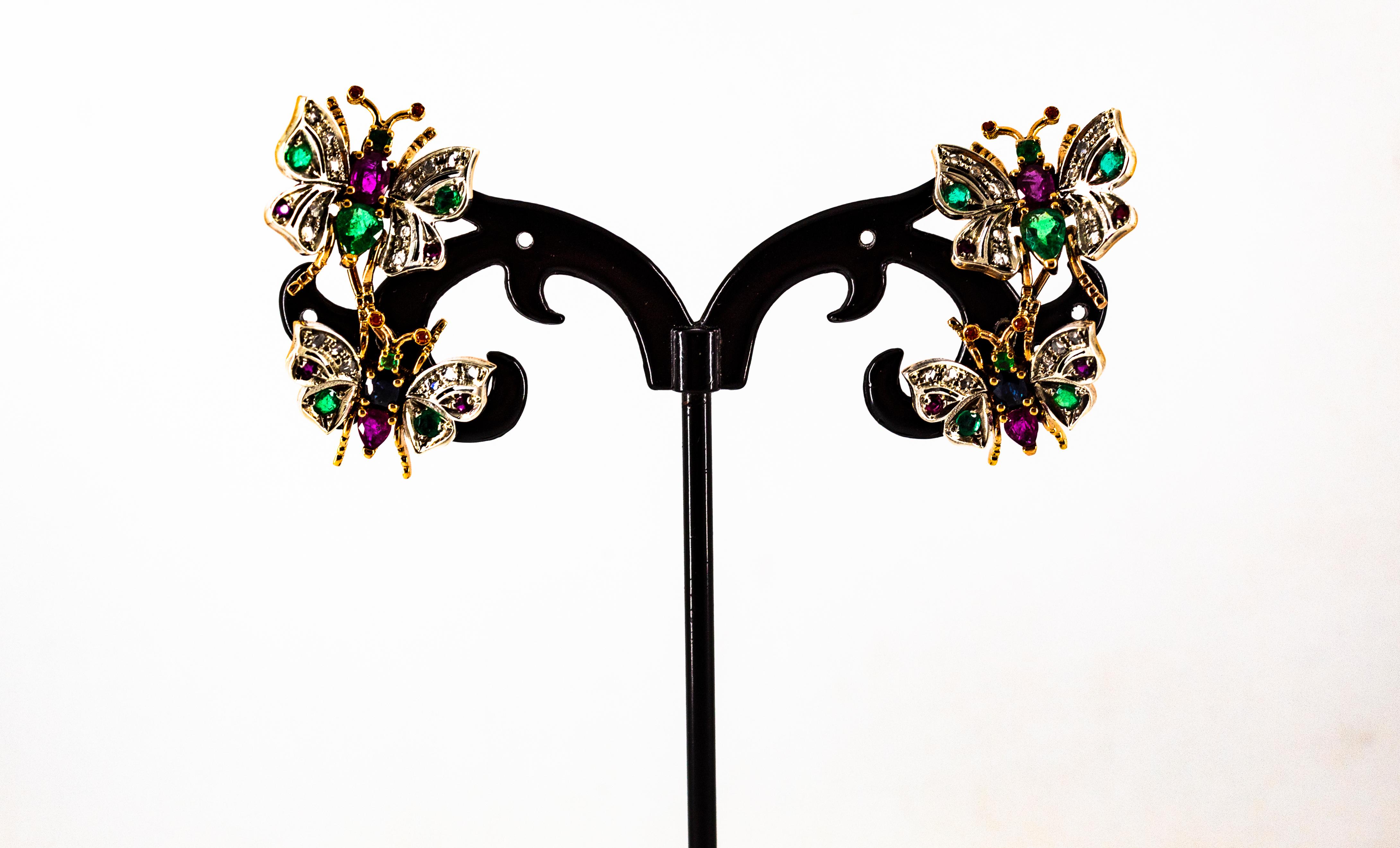 Orecchini in stile Art Nouveau con diamante bianco, smeraldo, rubino e zaffiro in oro giallo in vendita 7
