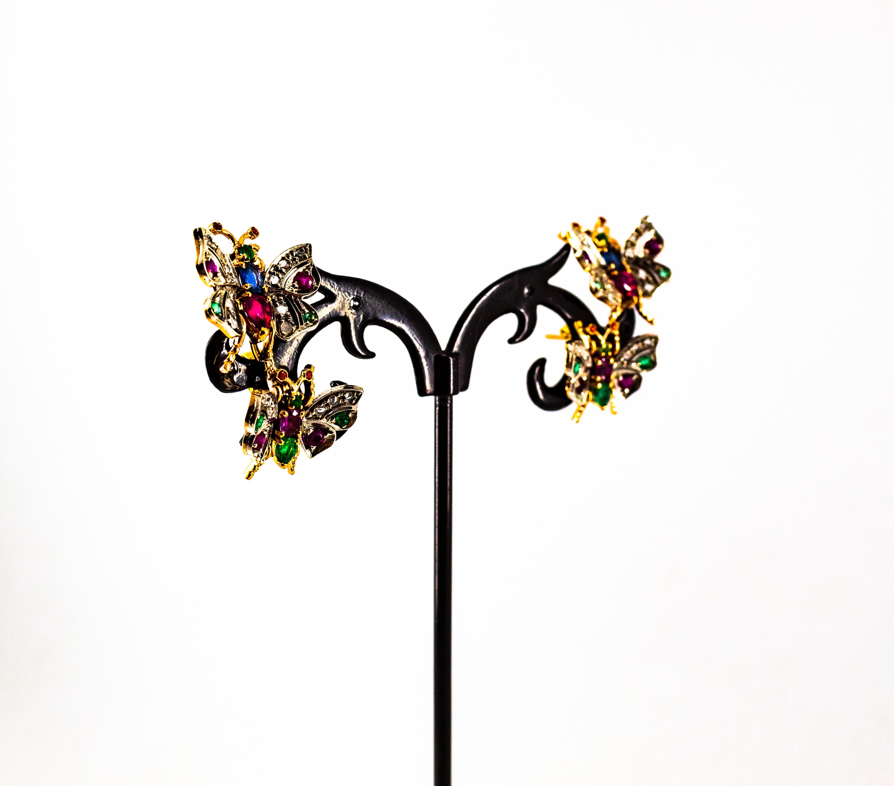 Clous d'oreilles en or jaune de style Art Nouveau avec diamant blanc, émeraude, rubis et saphir en vente 7