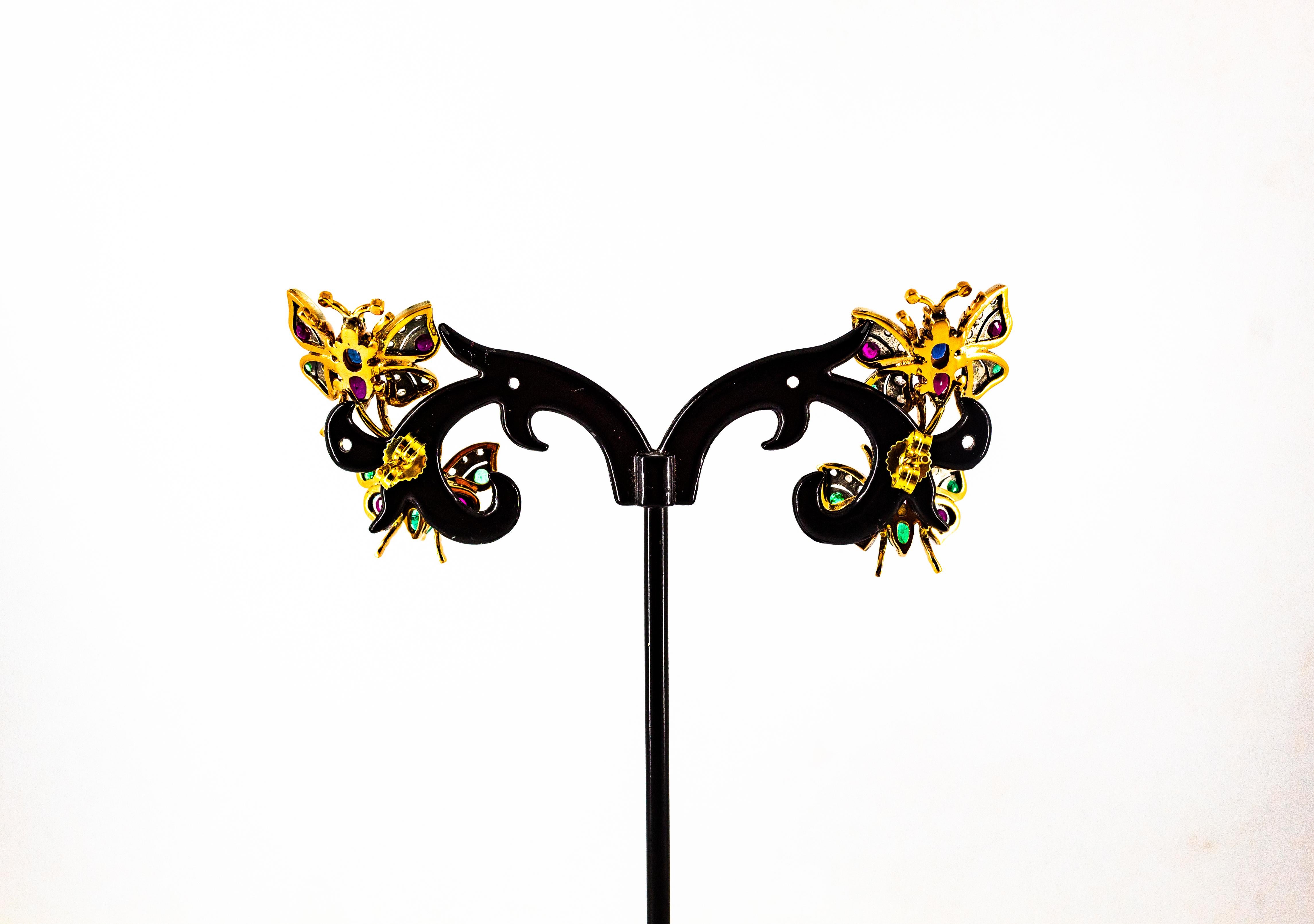 Clous d'oreilles en or jaune de style Art Nouveau avec diamant blanc, émeraude, rubis et saphir en vente 8