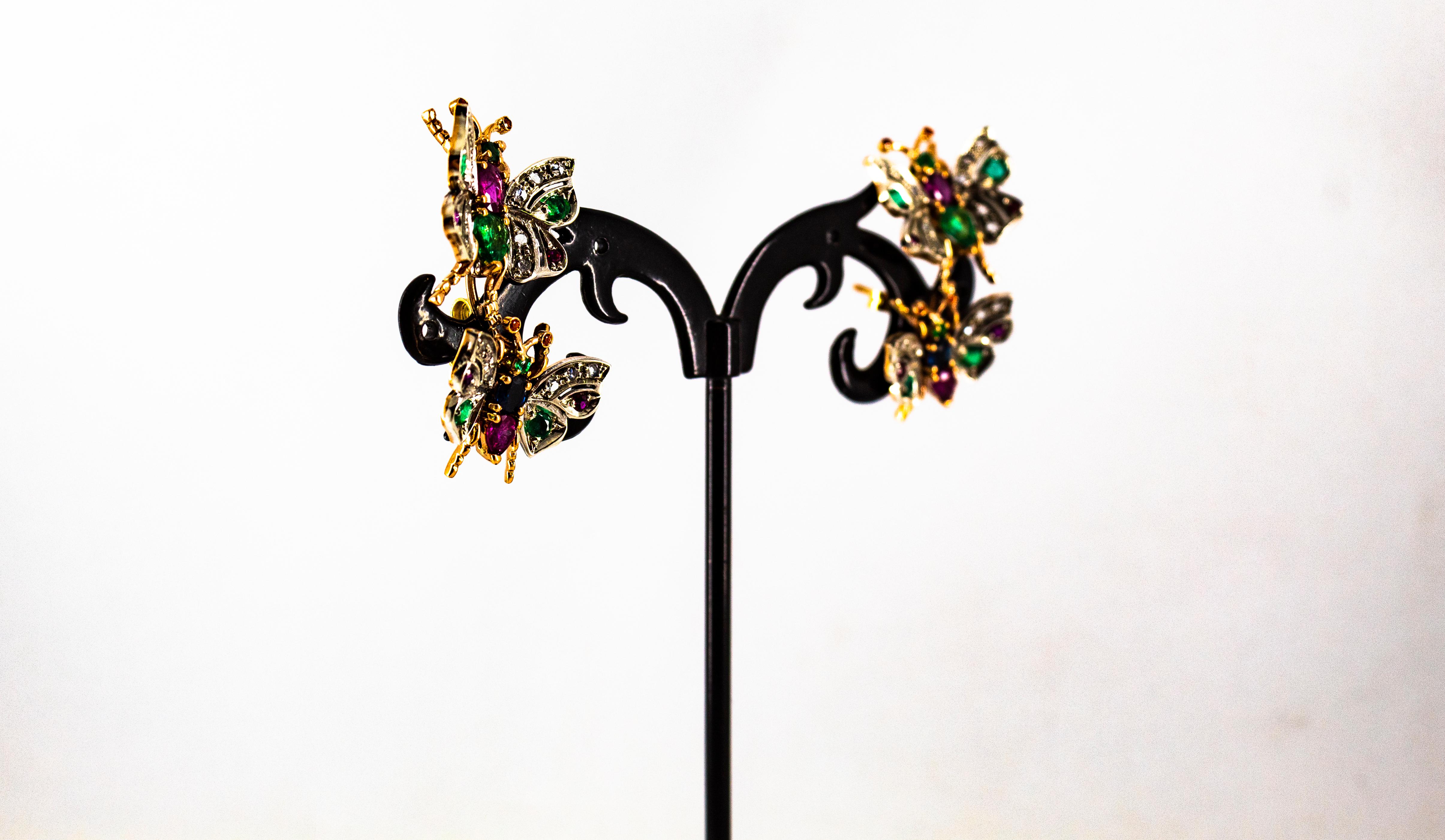 Orecchini in stile Art Nouveau con diamante bianco, smeraldo, rubino e zaffiro in oro giallo in vendita 9