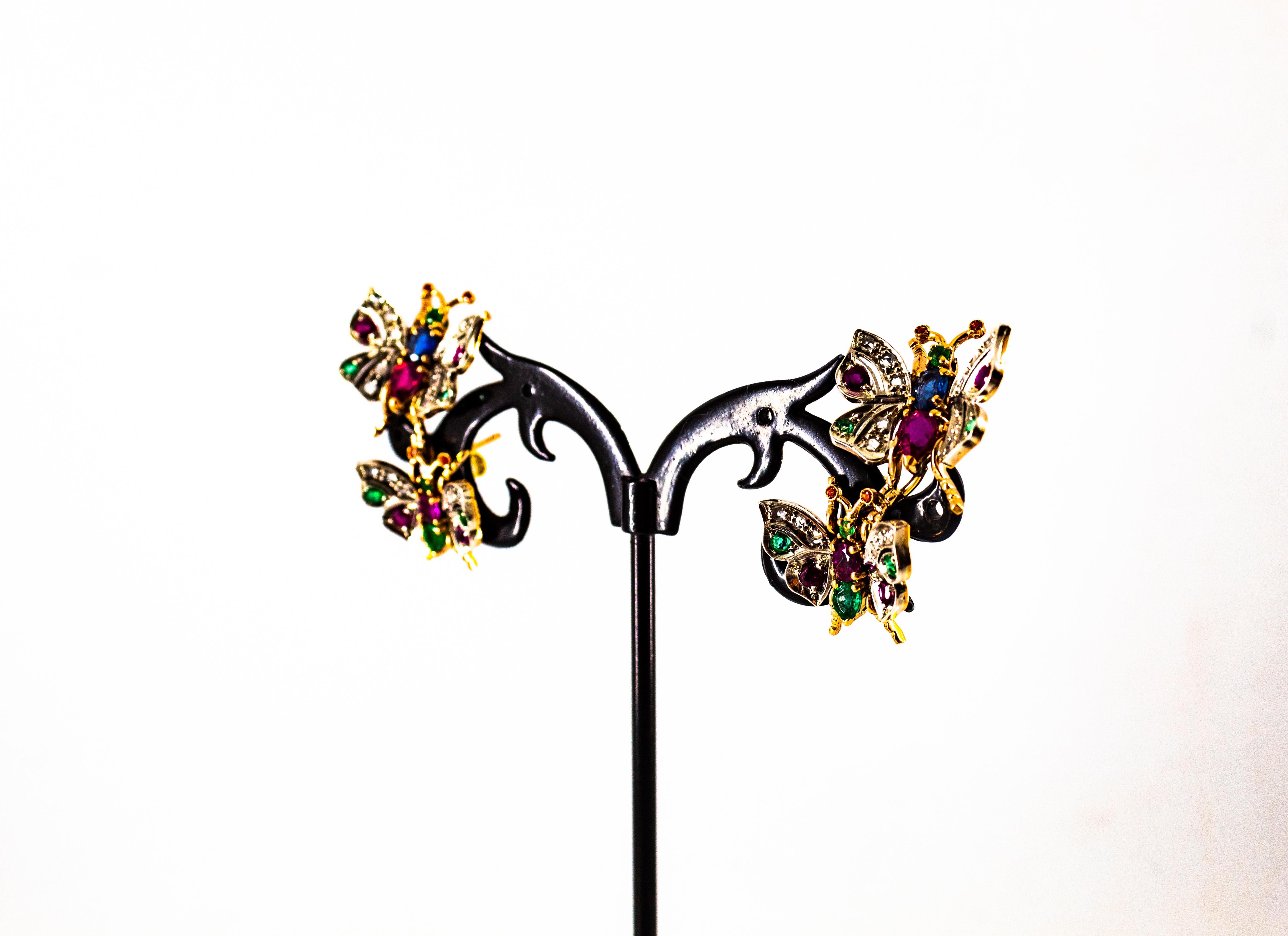 Clous d'oreilles en or jaune de style Art Nouveau avec diamant blanc, émeraude, rubis et saphir en vente 9