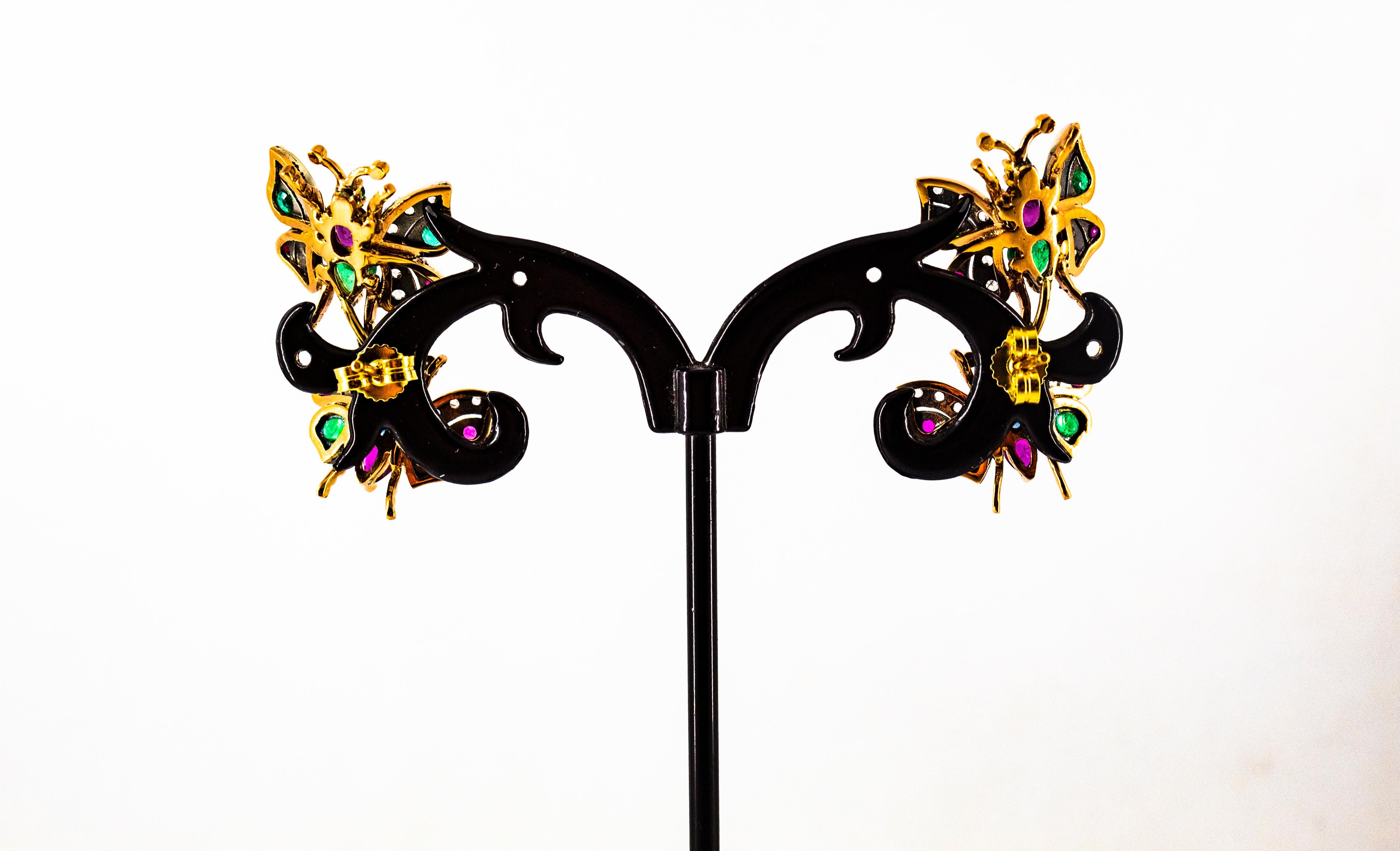 Orecchini in stile Art Nouveau con diamante bianco, smeraldo, rubino e zaffiro in oro giallo in vendita 10