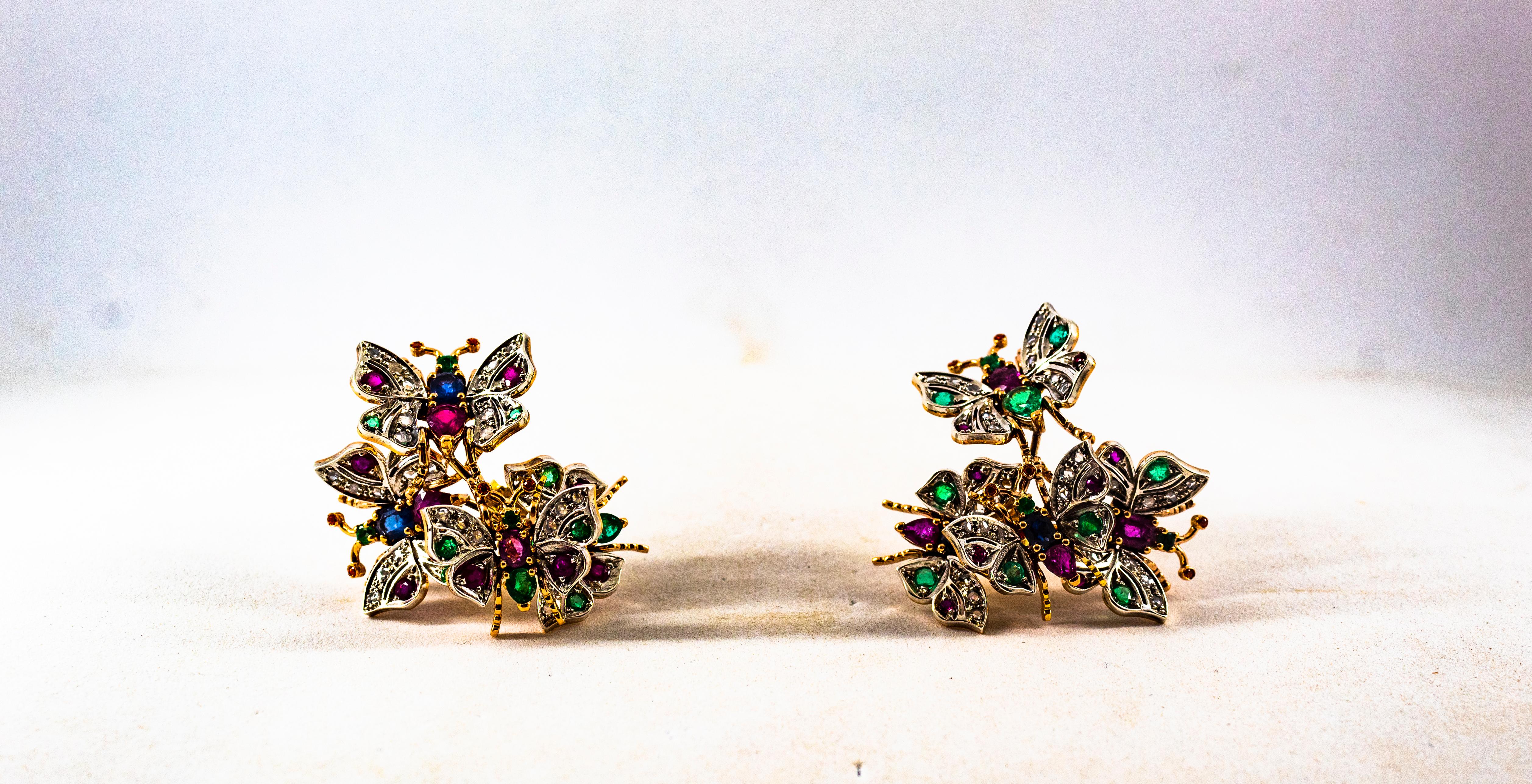 Clous d'oreilles en or jaune de style Art Nouveau avec diamant blanc, émeraude, rubis et saphir en vente 10