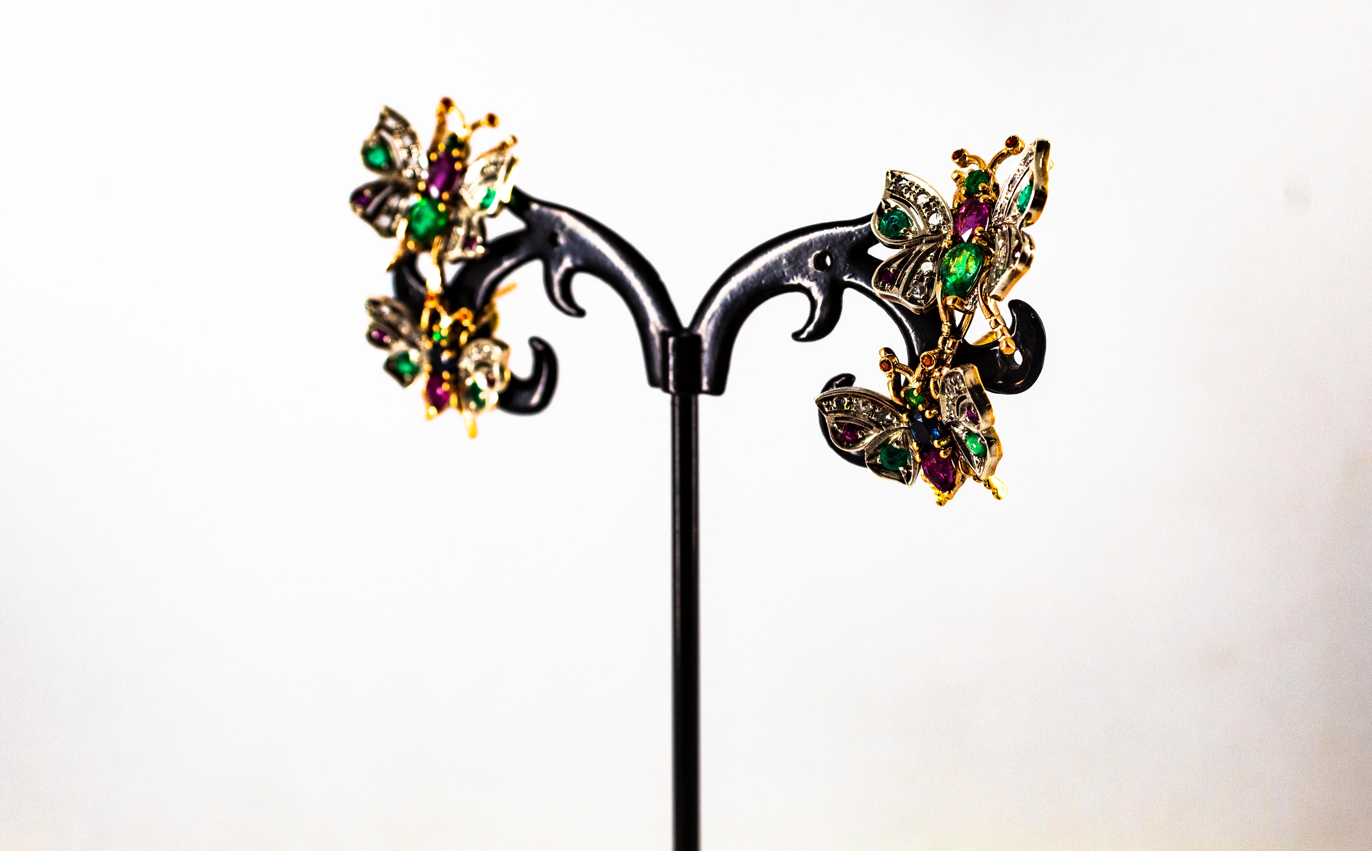 Orecchini in stile Art Nouveau con diamante bianco, smeraldo, rubino e zaffiro in oro giallo in vendita 11