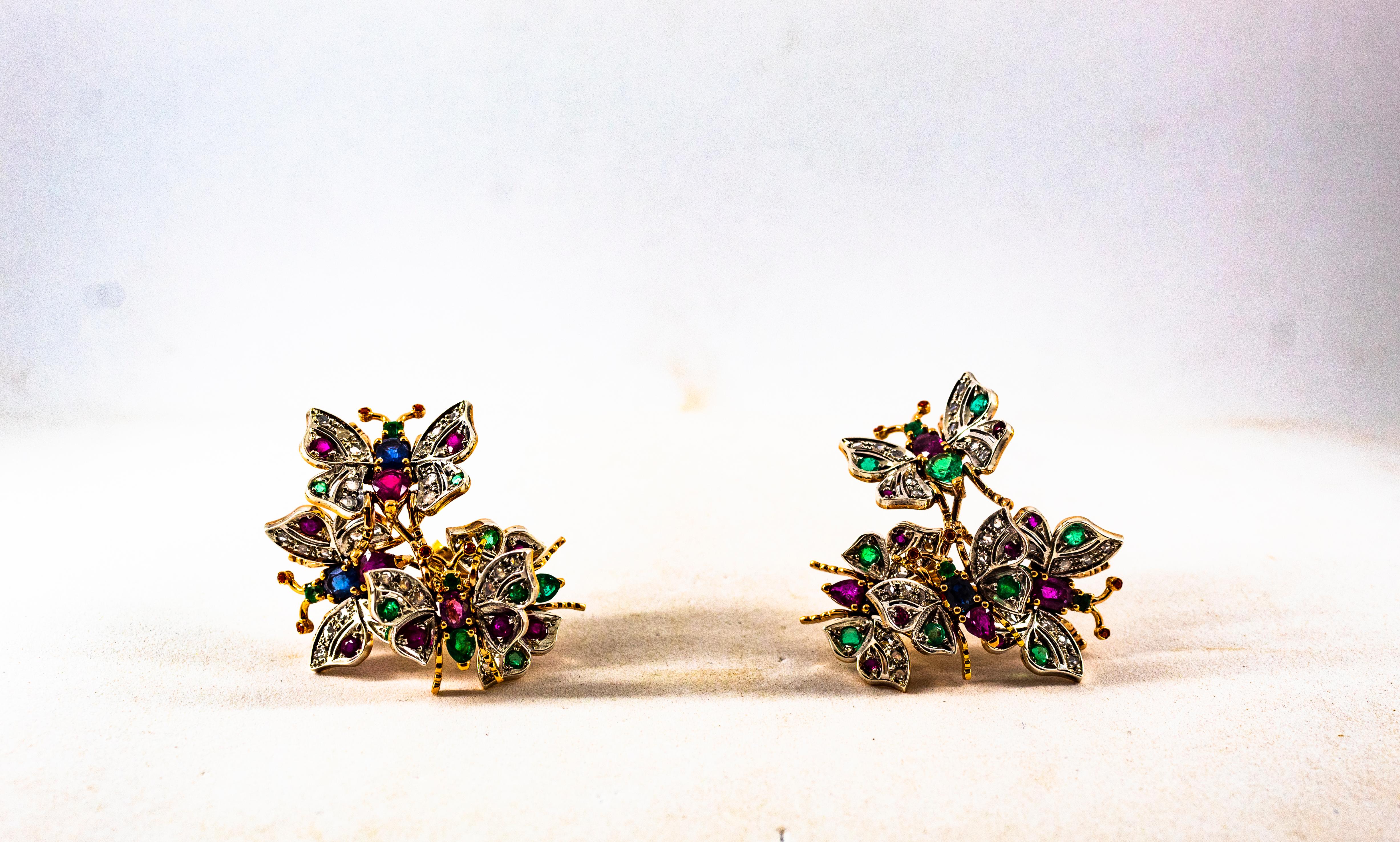 Clous d'oreilles en or jaune de style Art Nouveau avec diamant blanc, émeraude, rubis et saphir en vente 11