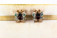 Art Nouveau Style White Diamond Emerald Ruby Sapphire Yellow Gold Stud Earrings