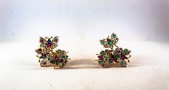 Art Nouveau Style White Diamond Emerald Ruby Sapphire Yellow Gold Stud Earrings