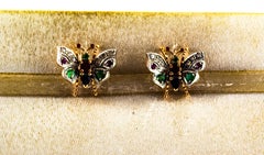 Boucles d'oreilles or jaune diamant blanc émeraude rubis saphir style Art Nouveau