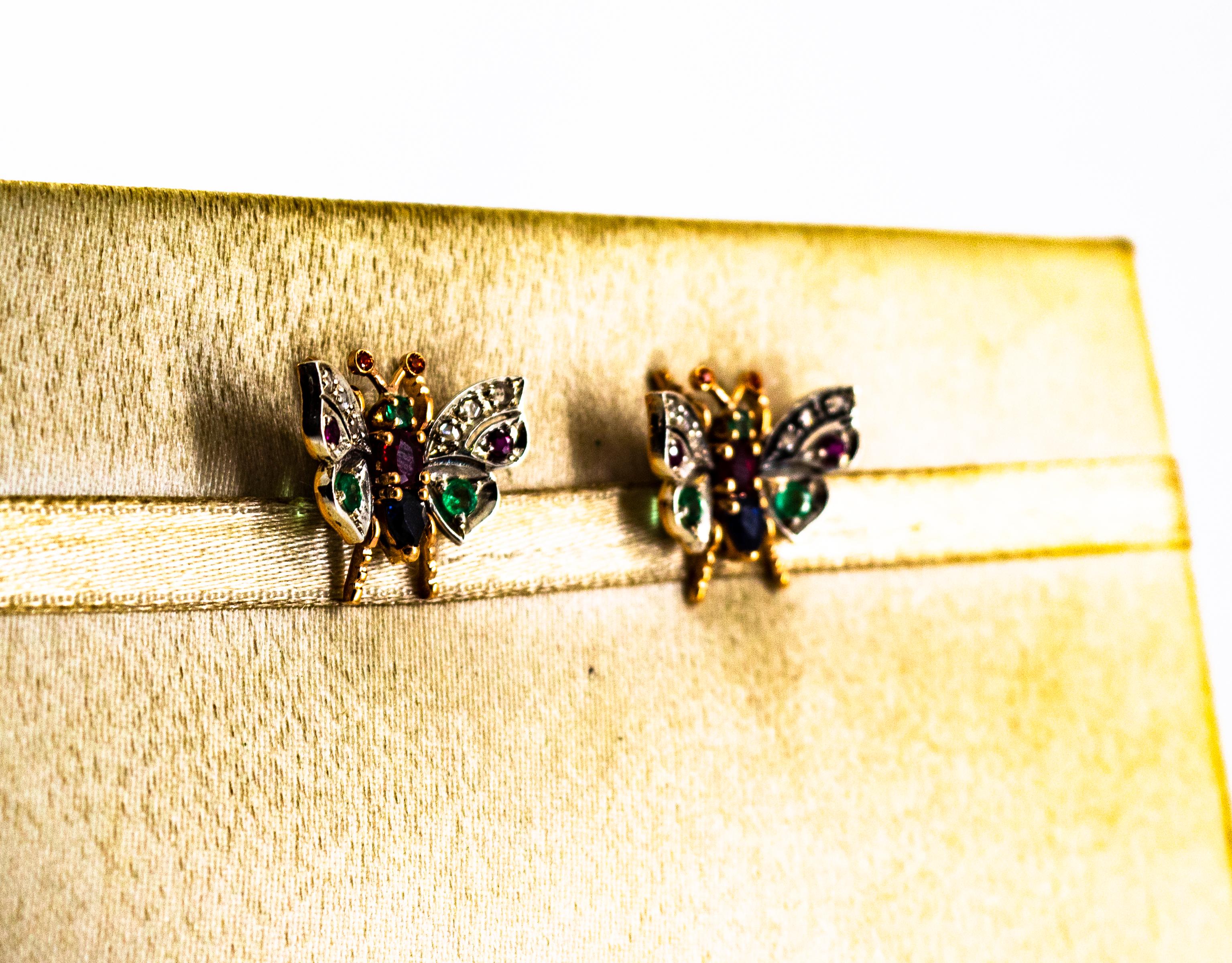 Rose Cut Art Nouveau Style White Diamond Emerald Ruby Sapphire Yellow Gold Stud Earrings