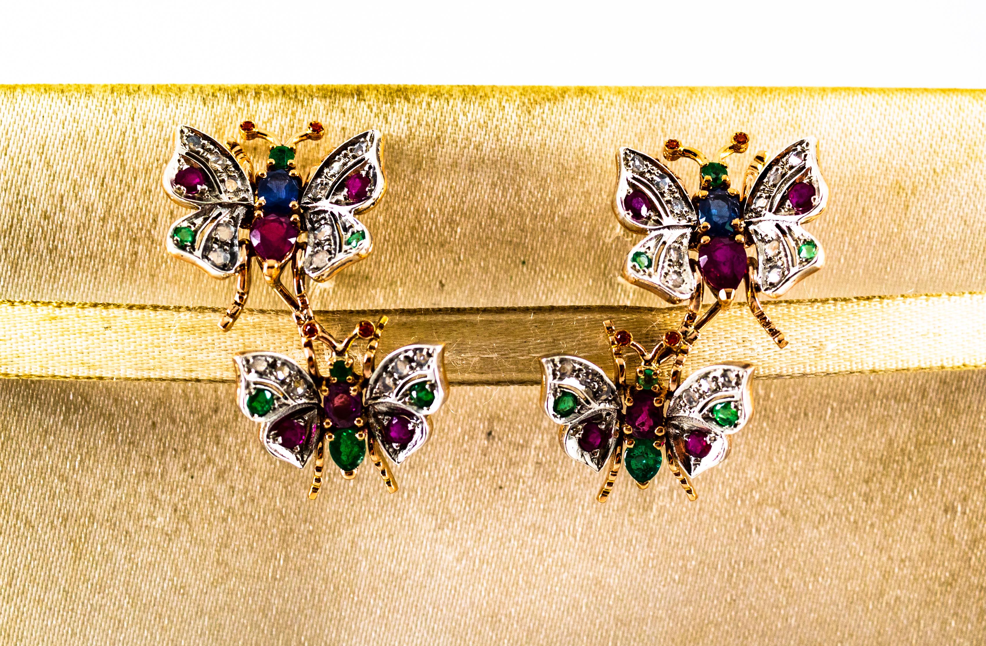 Art nouveau Clous d'oreilles en or jaune de style Art Nouveau avec diamant blanc, émeraude, rubis et saphir en vente