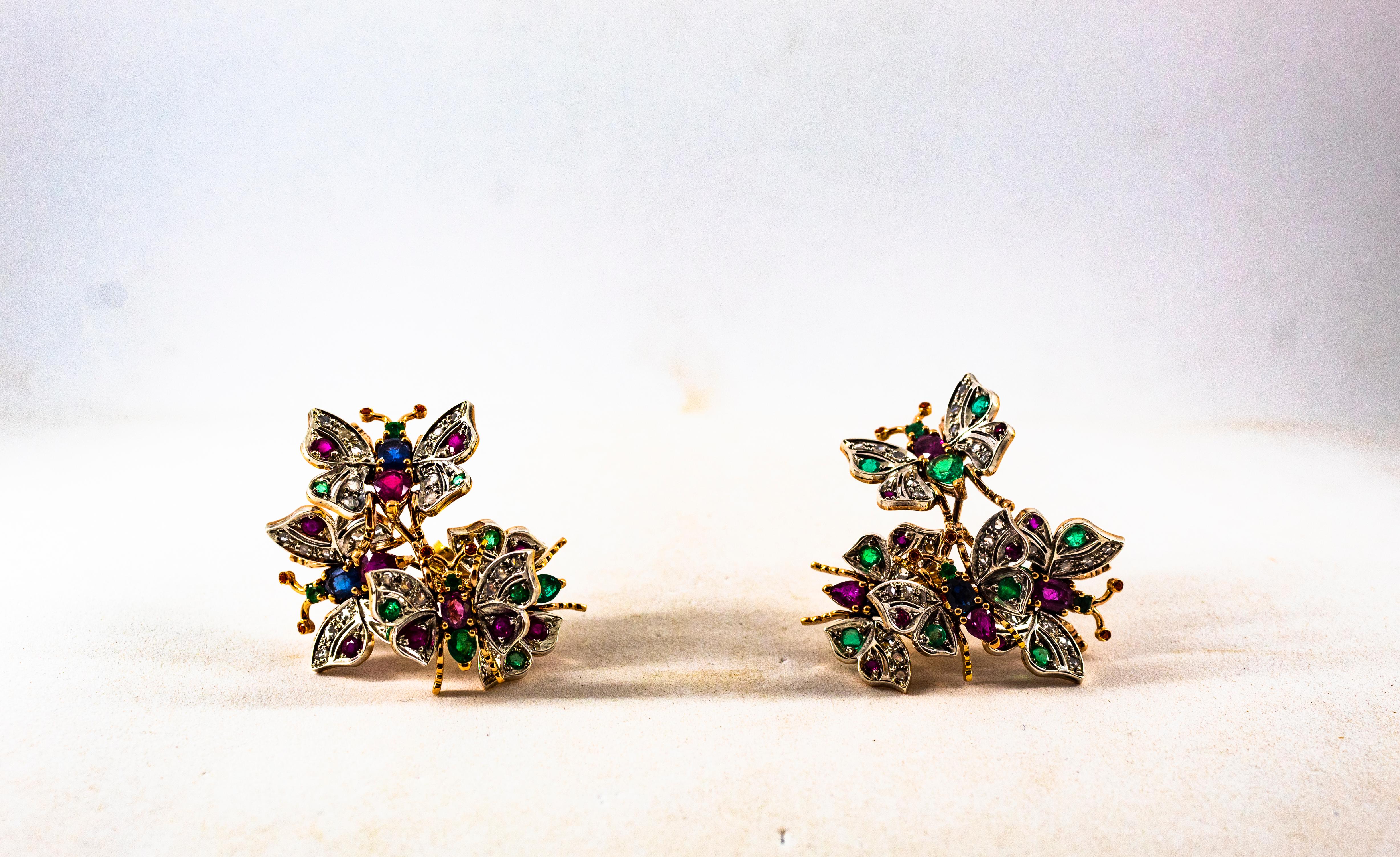 Taglio a rosa Orecchini in stile Art Nouveau con diamante bianco, smeraldo, rubino e zaffiro in oro giallo in vendita