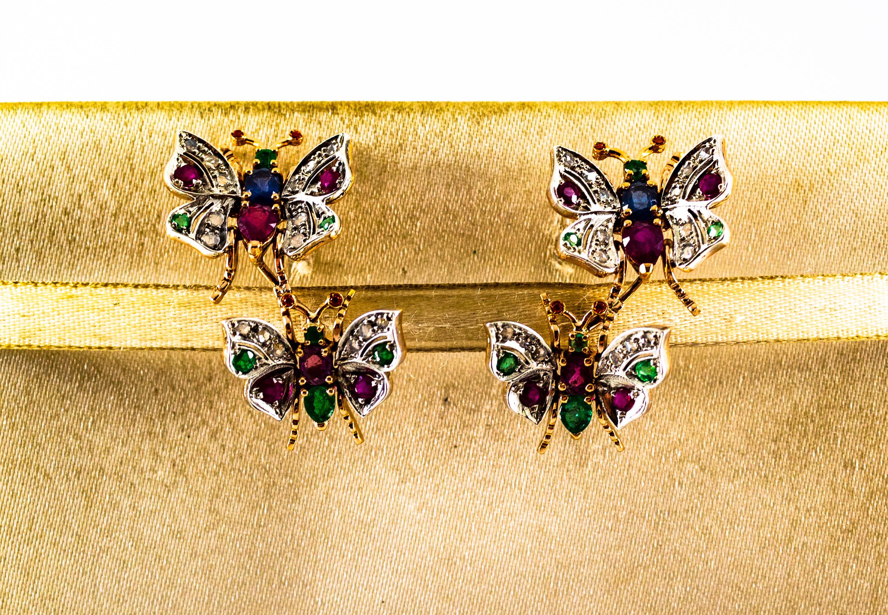 Taille rose Clous d'oreilles en or jaune de style Art Nouveau avec diamant blanc, émeraude, rubis et saphir en vente
