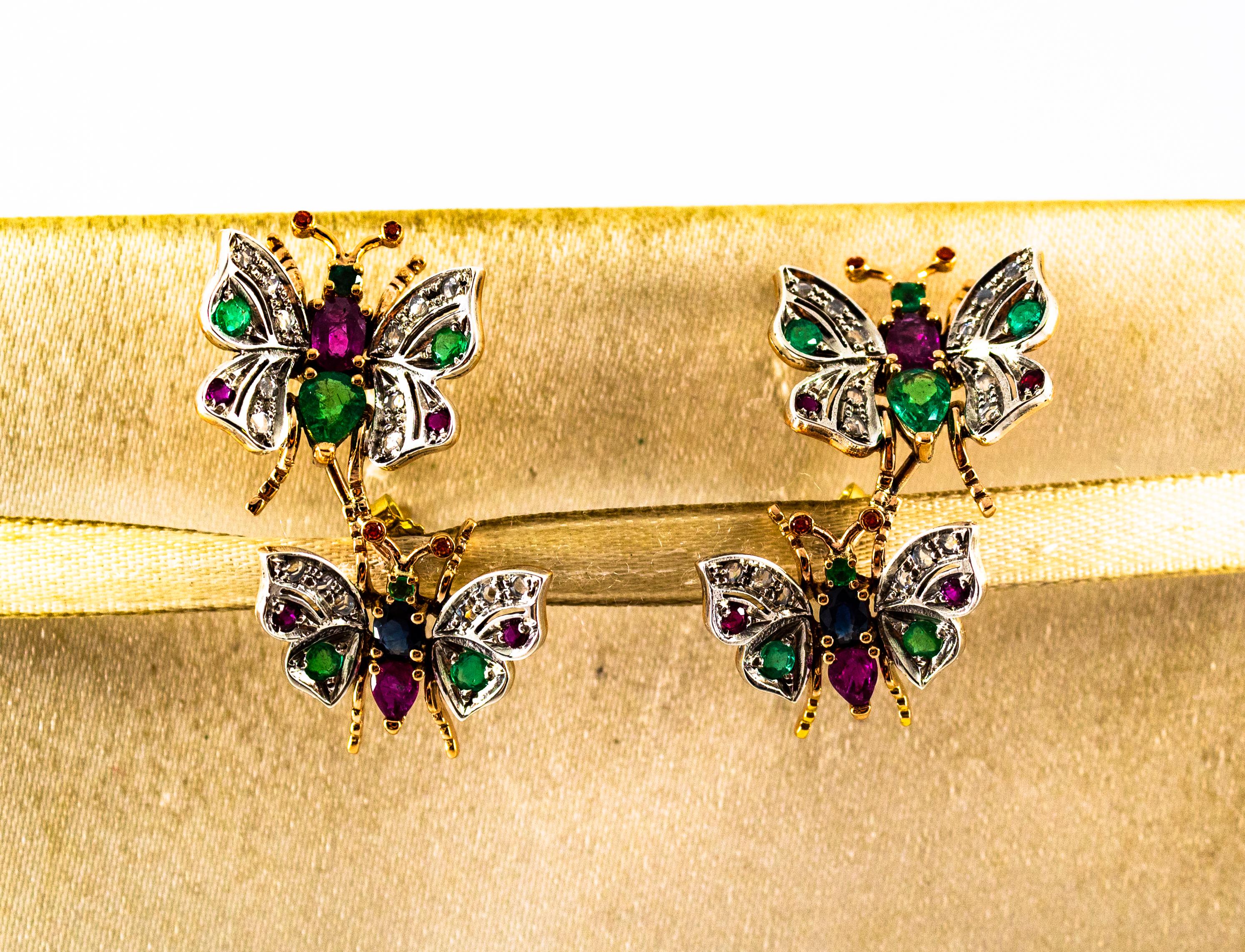Orecchini in stile Art Nouveau con diamante bianco, smeraldo, rubino e zaffiro in oro giallo In condizioni Nuovo in vendita a Naples, IT