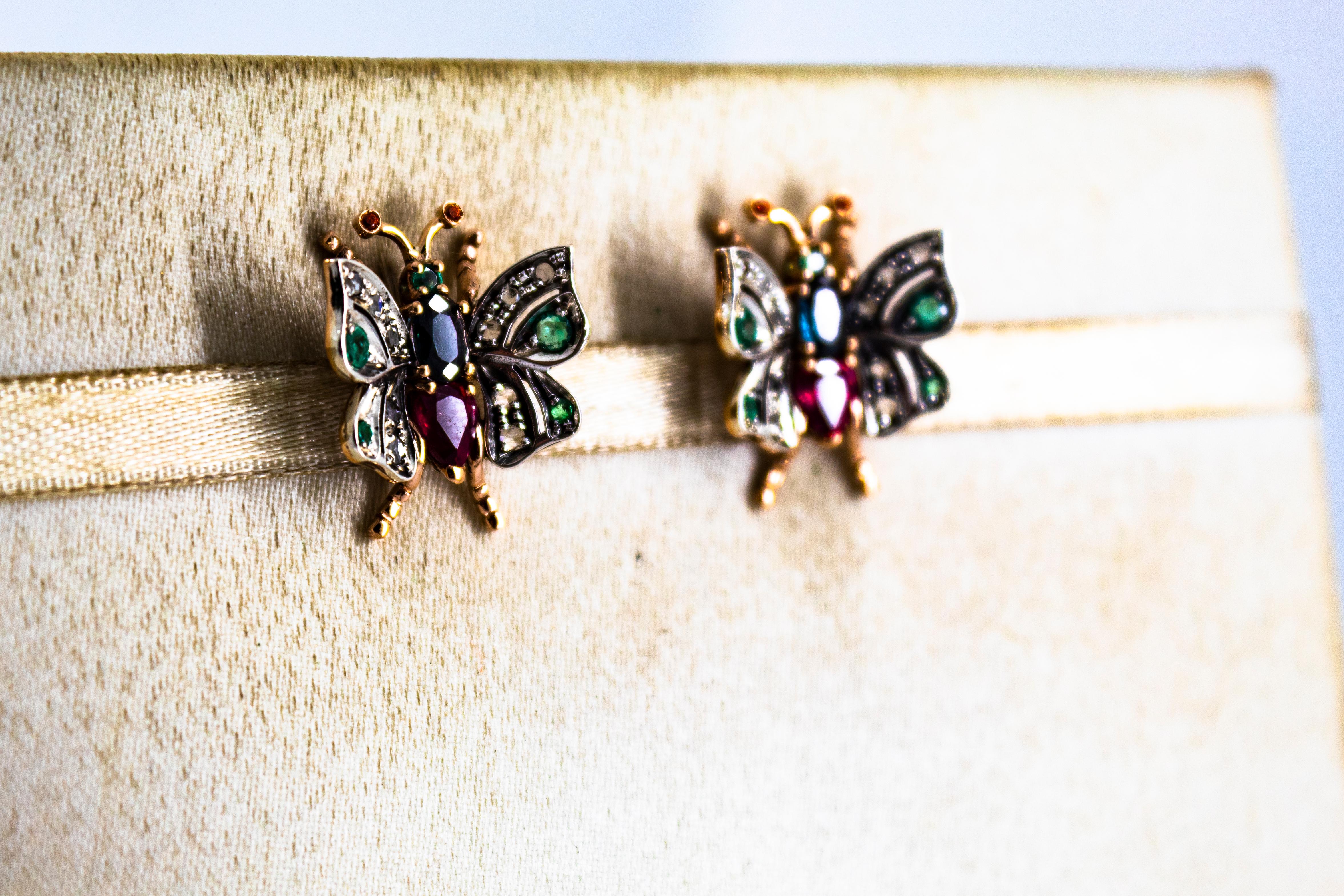 Clous d'oreilles en or jaune de style Art Nouveau avec diamant blanc, émeraude, rubis et saphir Neuf - En vente à Naples, IT