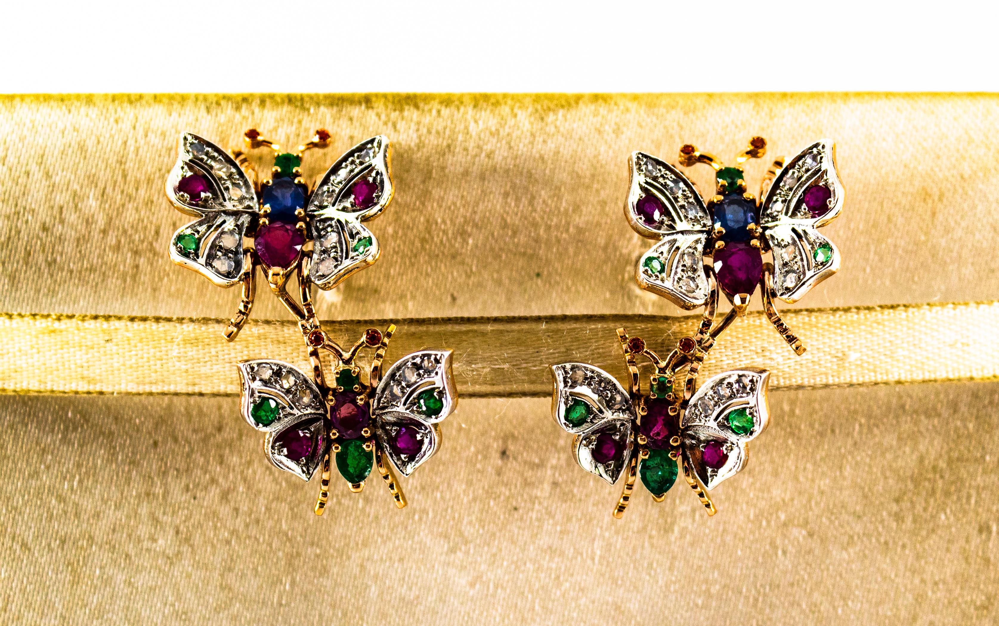 Clous d'oreilles en or jaune de style Art Nouveau avec diamant blanc, émeraude, rubis et saphir Neuf - En vente à Naples, IT